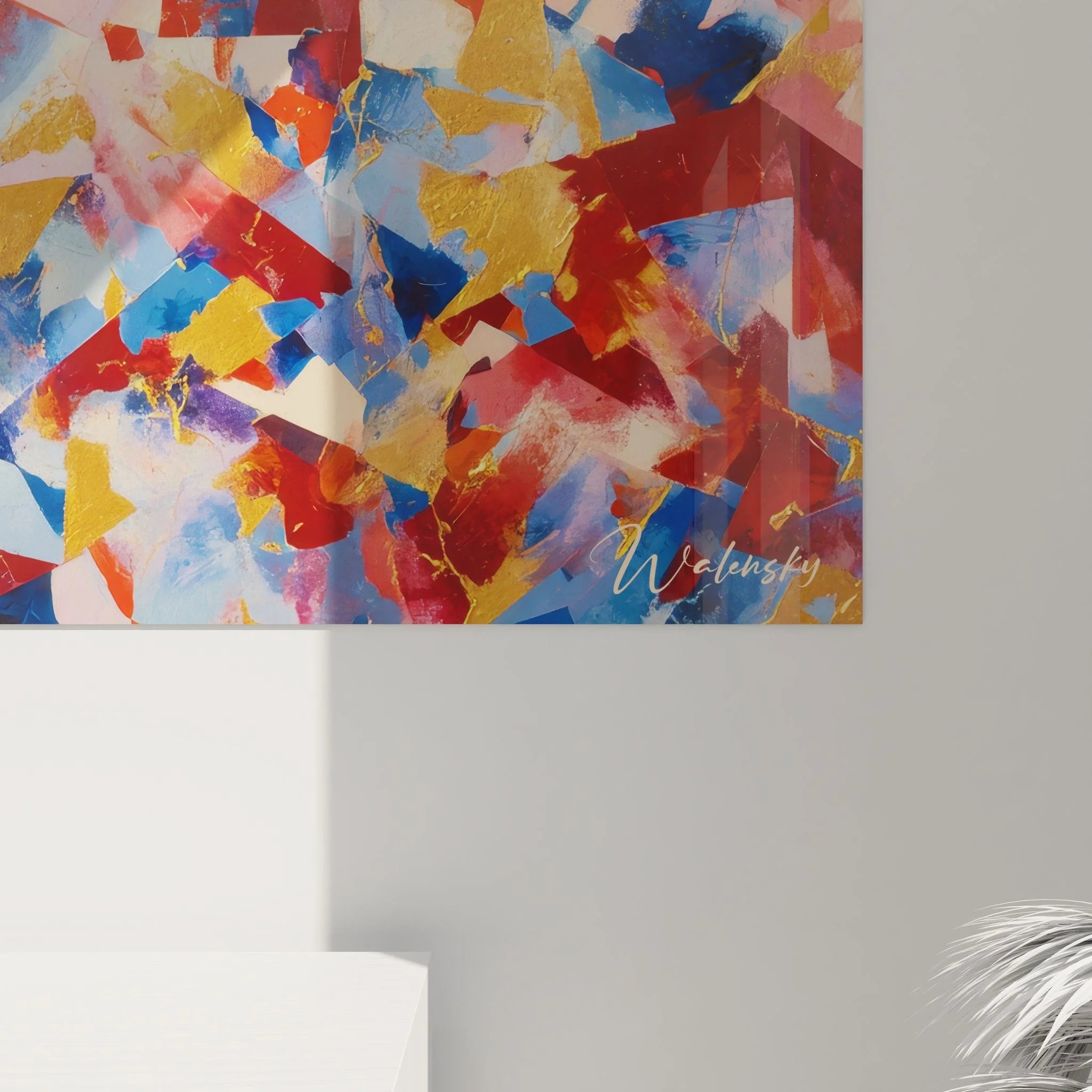 Gesamtansicht des abstrakten Wandbildes mit dynamischer Farbkomposition in Malerei-Optik