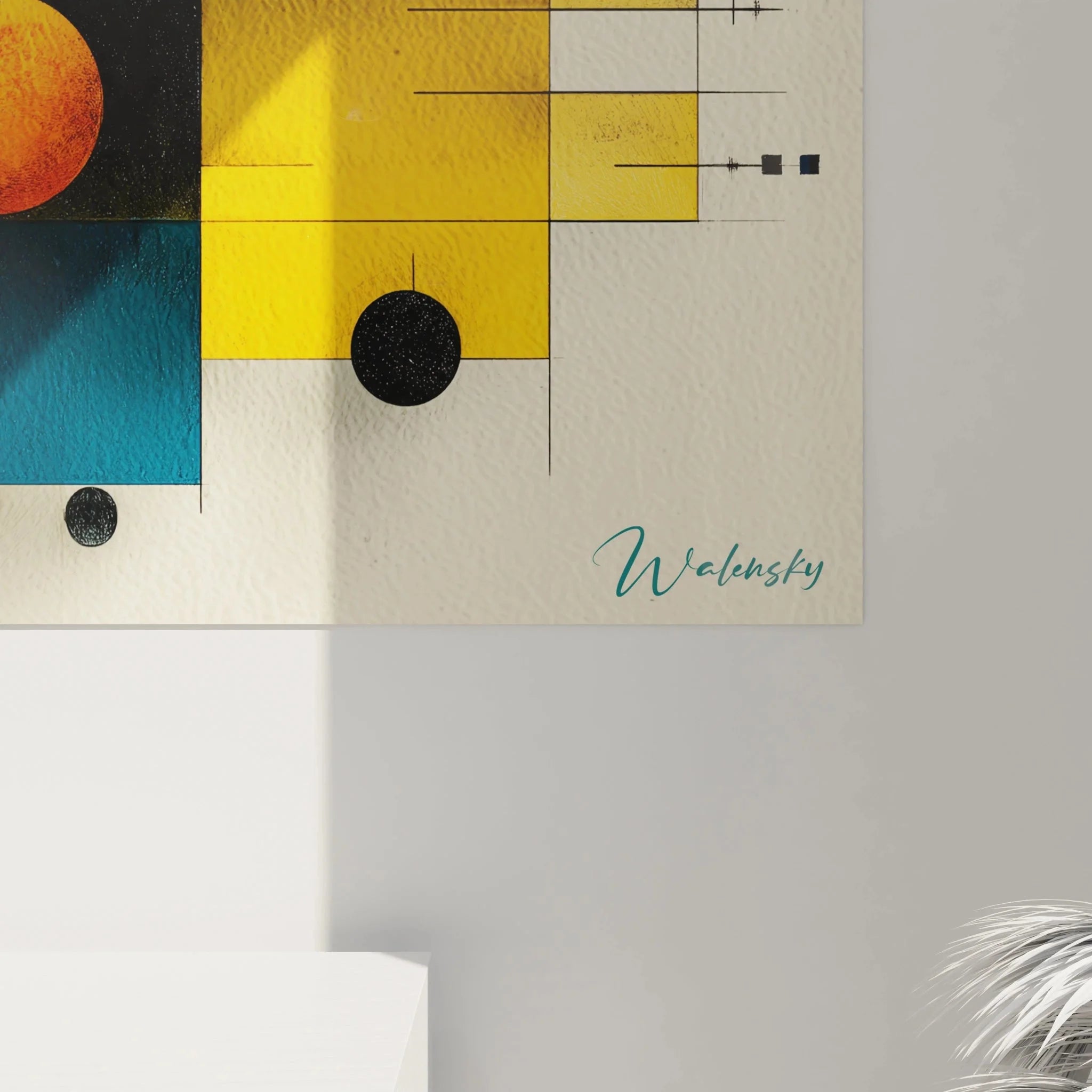 Gesamtansicht des modernen Wandbilds mit charakteristischen Bauhaus Elementen und Farbharmonie