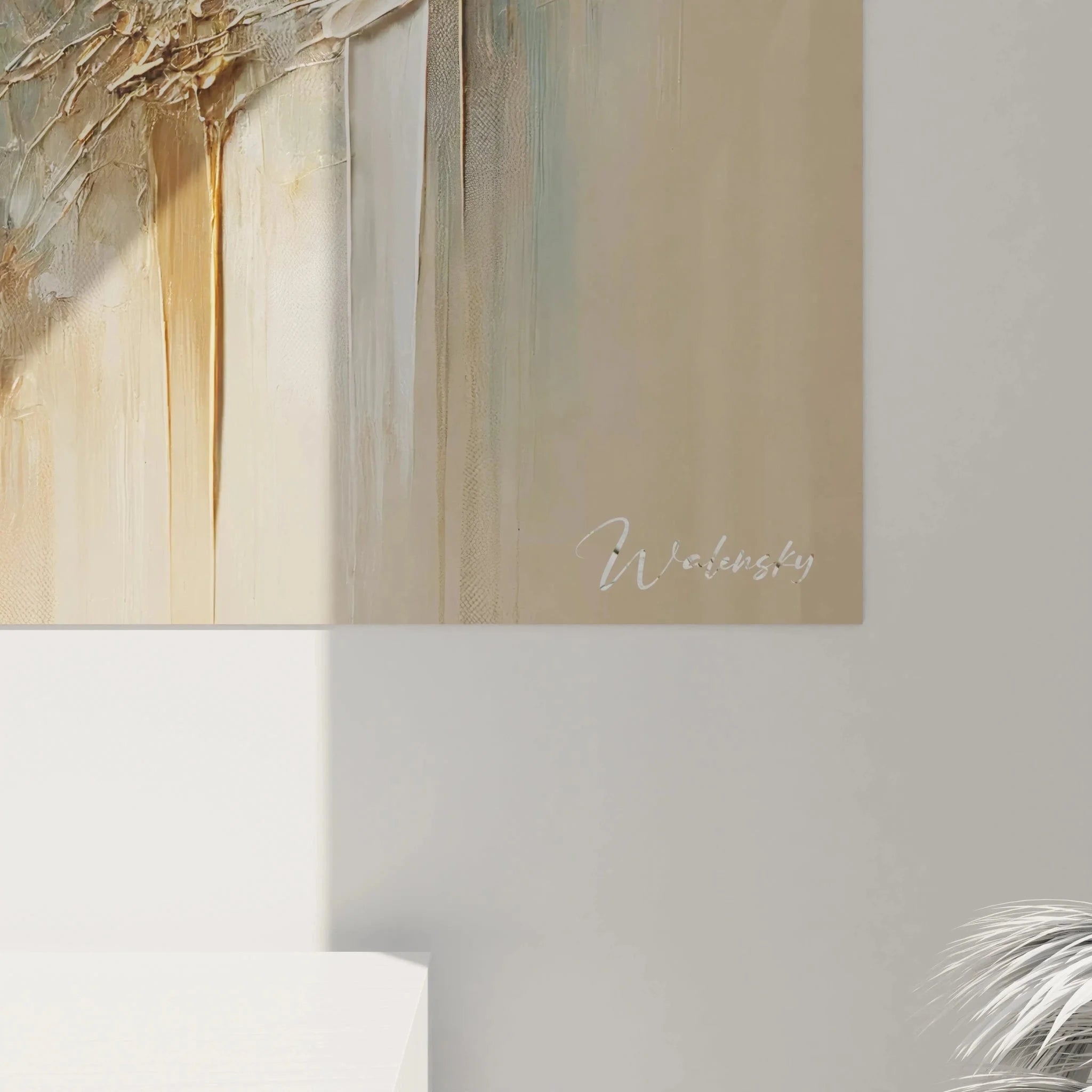 Moderne Wolfkunst Wandbild Gesamtansicht mit abstrakten Elementen und harmonischer Farbpalette