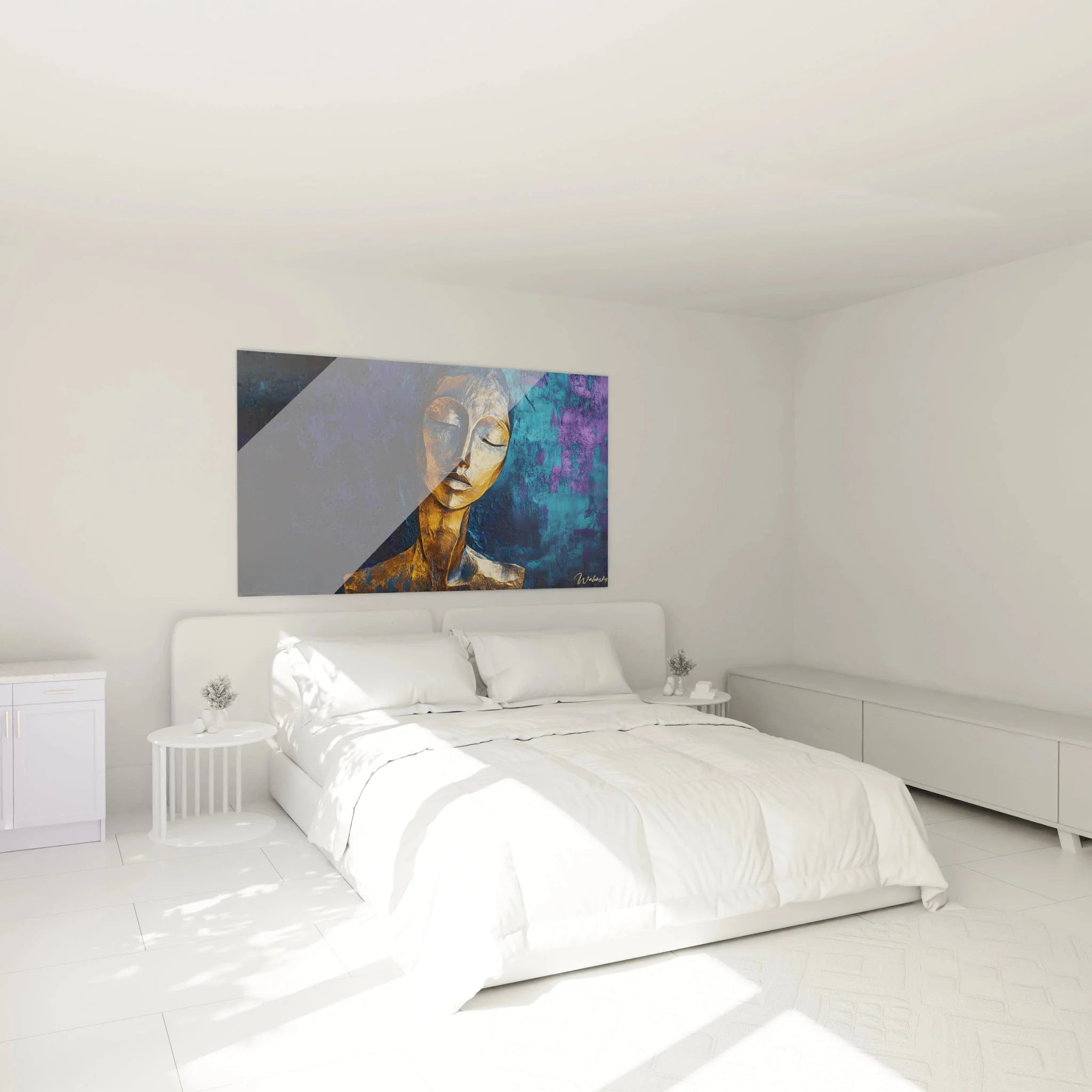 Modigliani Portrait Wandbild XXL in elegantem Schlafzimmer als künstlerische Wanddekoration