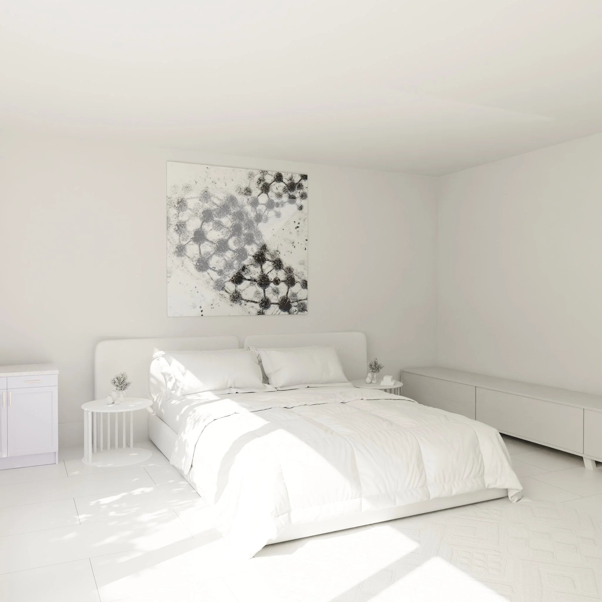 Molekularstruktur Wandbild in modernem Schlafzimmer als wissenschaftliche Wanddekoration