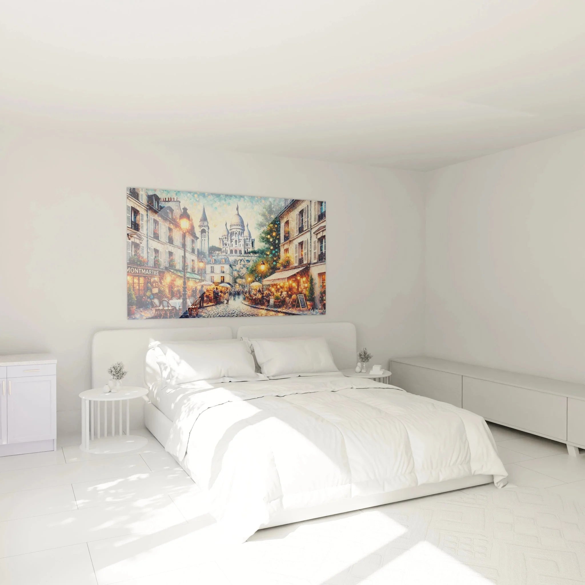Montmartre Paris Wandbild XXL in modernem Schlafzimmer über dem Bett als stilvolle Wanddekoration