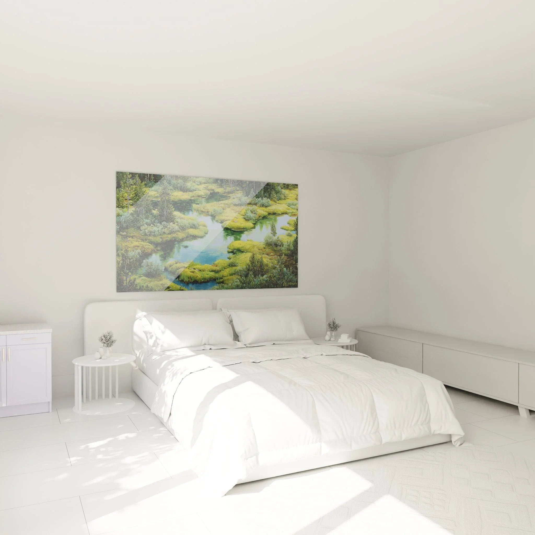 Moorlandschaft Wandbild im Schlafzimmer - beruhigende grüne Sumpflandschaft als Wanddekoration