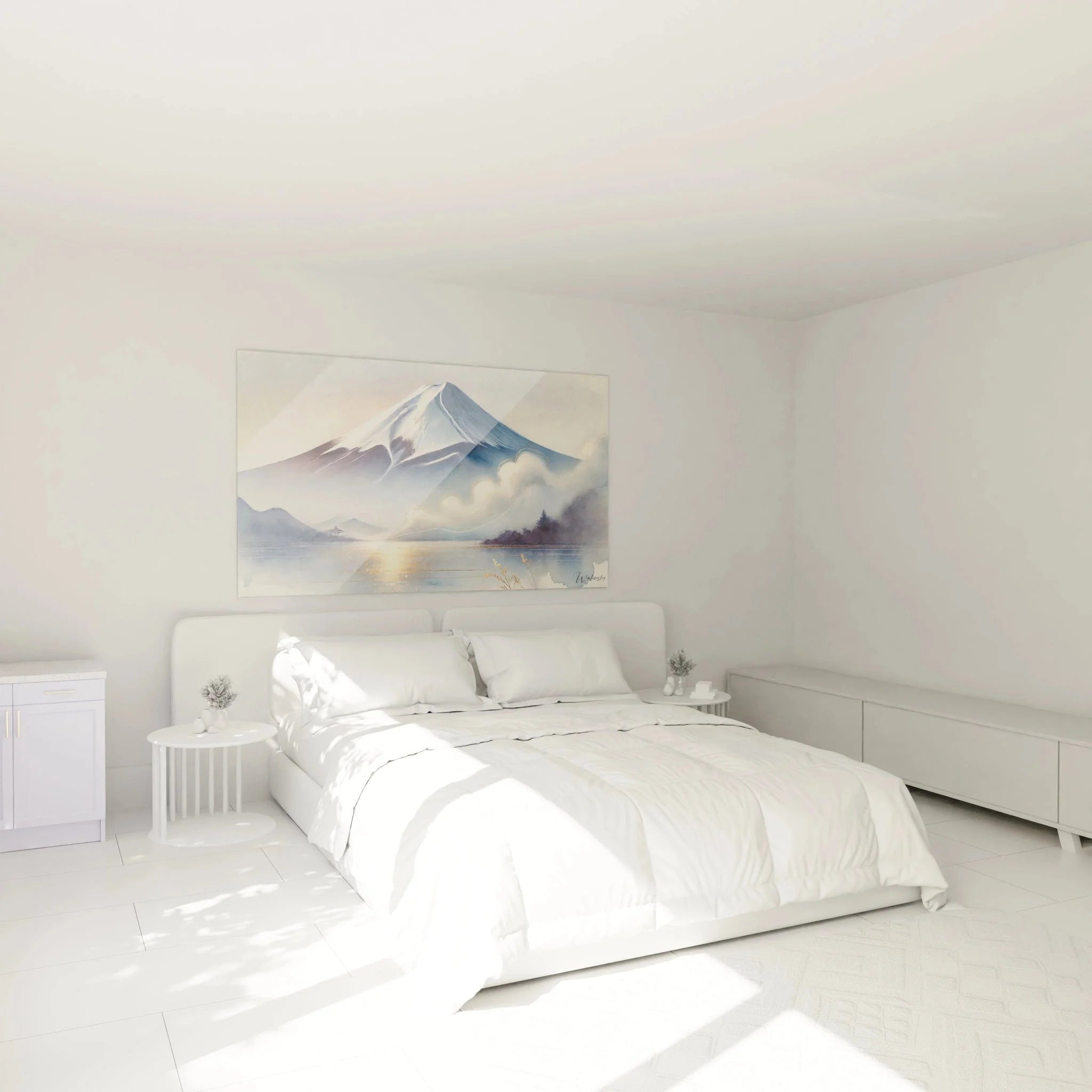 Mount Fuji Leinwandbild im Schlafzimmer - japanische Wanddekoration in ruhigen Blautönen