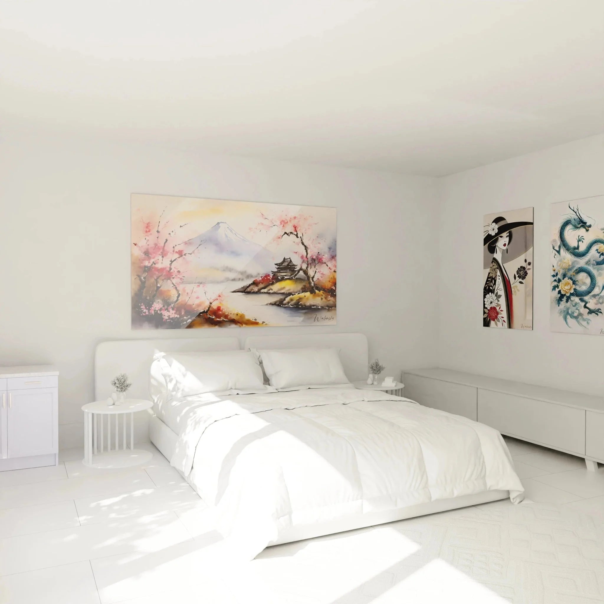 Mount Fuji Kirschblüten Wandbild im Schlafzimmer, japanische Wanddekoration über dem Bett