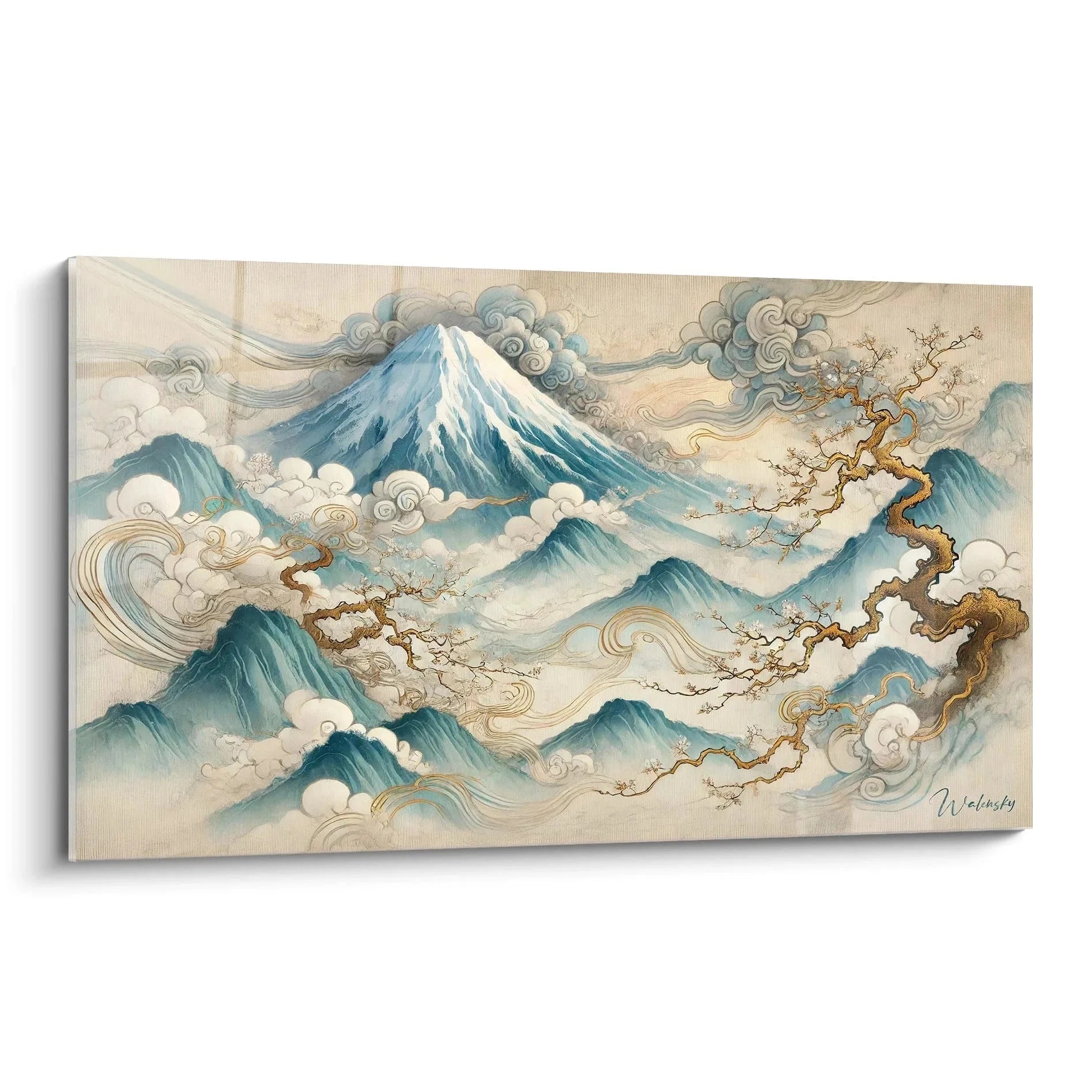 Mount Fuji Wandbild mit mystischem Wolkendrachen und Kirschblüten in traditioneller japanischer Kunstform