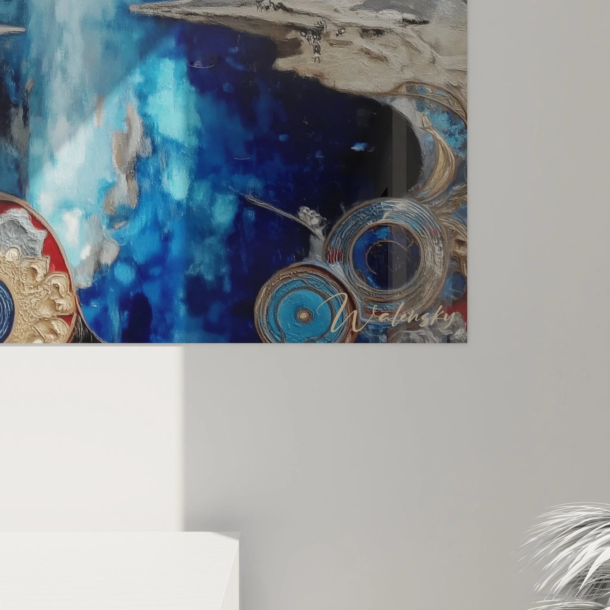 Gesamtansicht Wandbild mystischer Bergsee mit Wasserfall aus Mond in blau-goldener Farbgebung