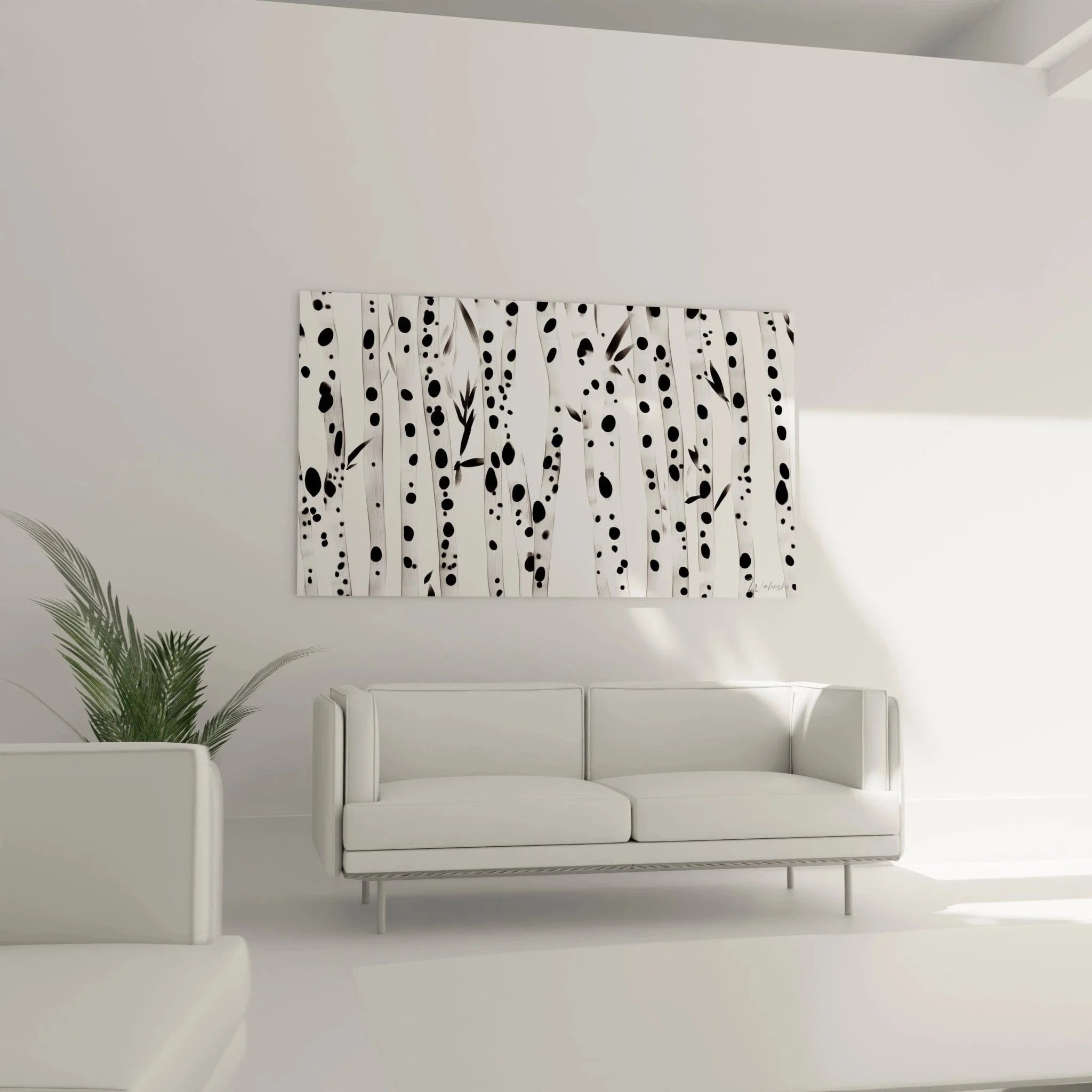 Nahaufnahme Wandbild abstrakte Birken mit schwarzen Punkten und organischen Formen