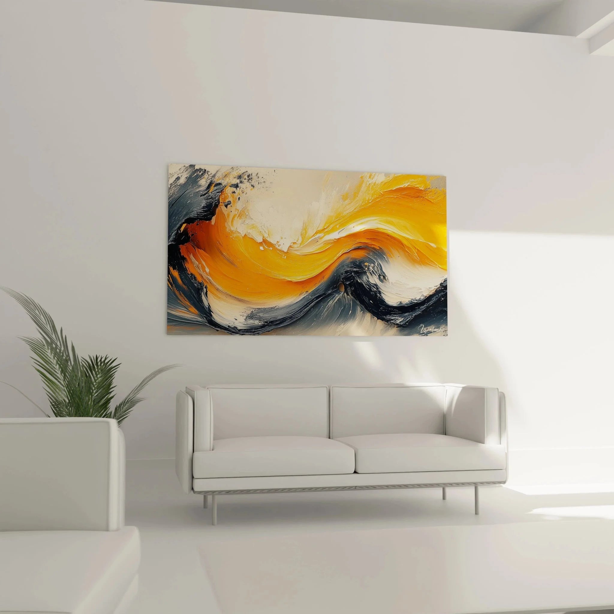 Nahaufnahme abstrakte Welle Wandbild - Malerei-Optik Textur Orange Grau Pinselstriche