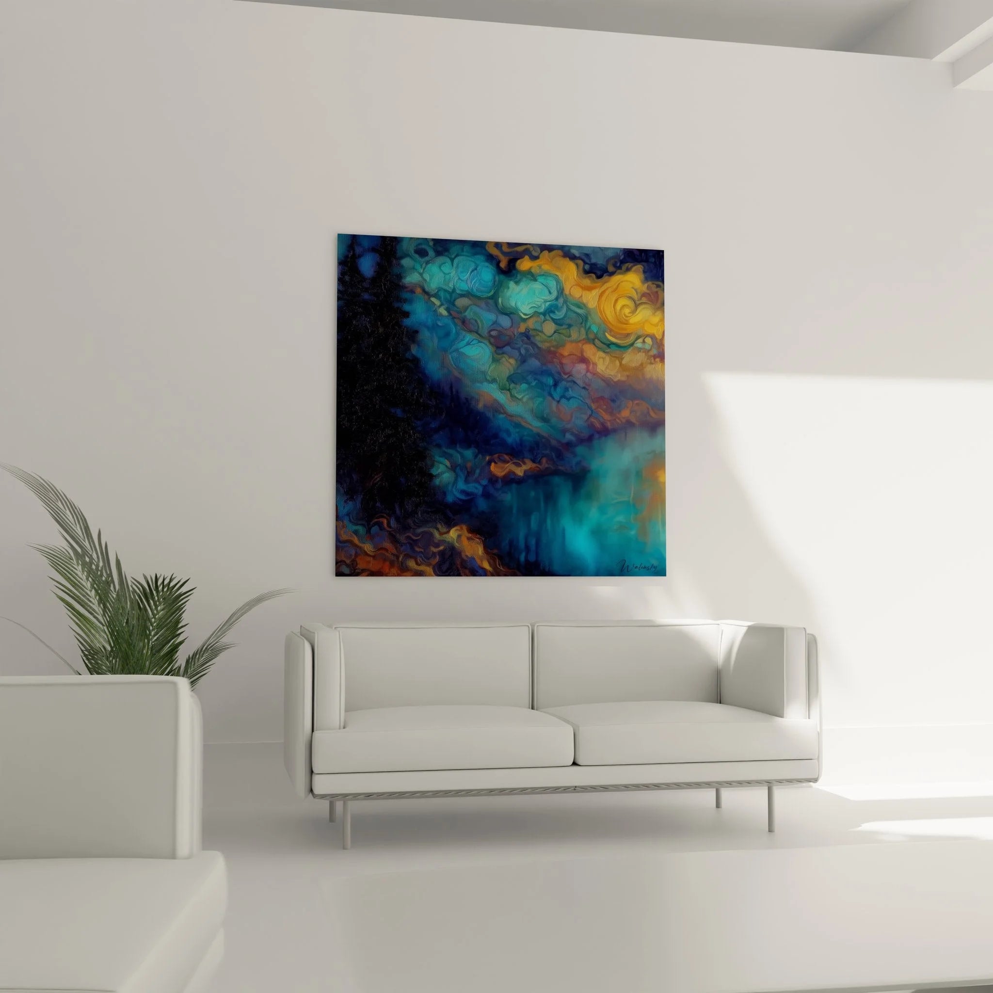 Nahaufnahme abstrakte Wolkenstrukturen, detaillierte Farbverläufe in Türkis und Gold auf Leinwand