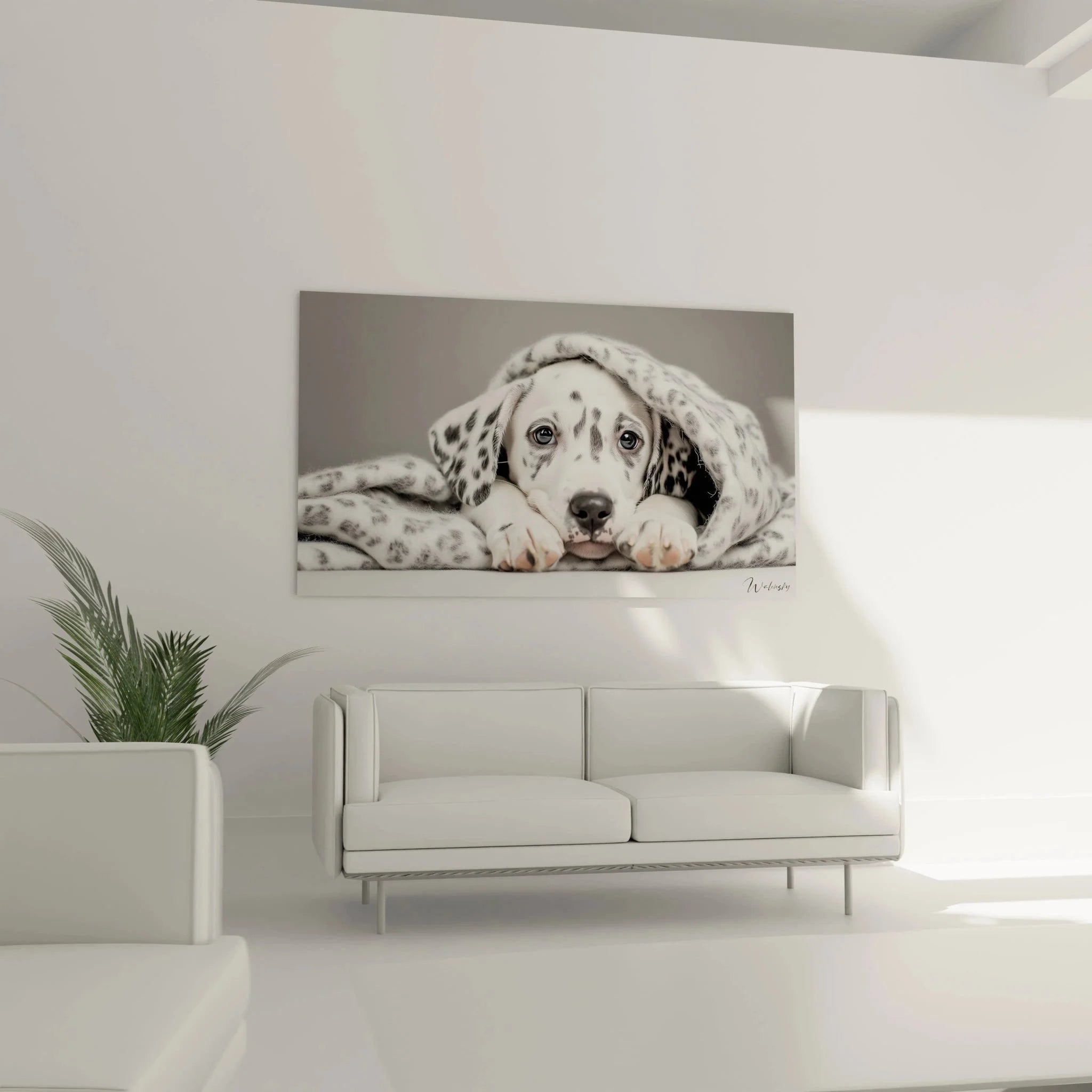Nahaufnahme Dalmatiner Welpe Augen unter Decke - emotionales Hundeportrait als Wandbild Detailansicht