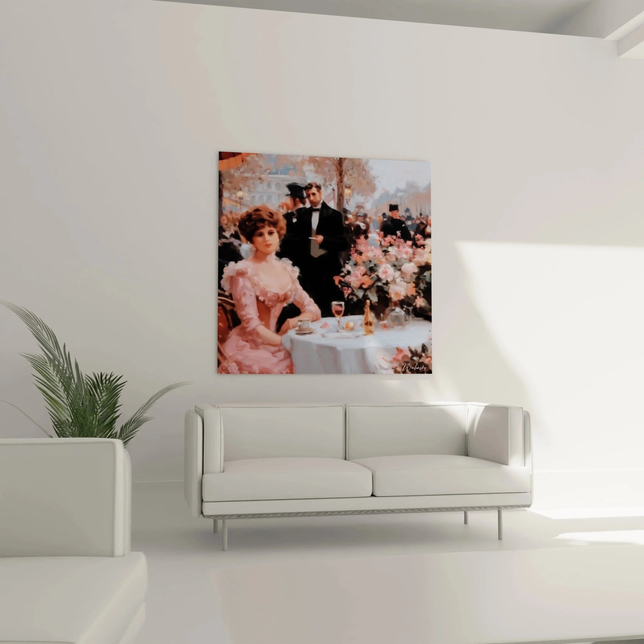 Nahaufnahme Belle Époque Dame rosa Kleid Café Szene Wandbild Klassizismus Detail