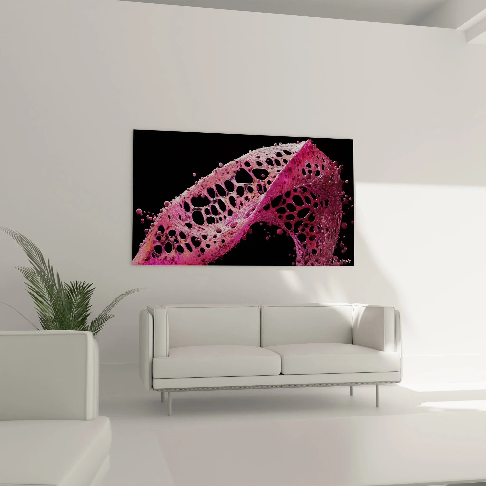 Nahaufnahme DNA Helix Wandbild zeigt detaillierte Nukleotid Struktur in Magenta Tönen