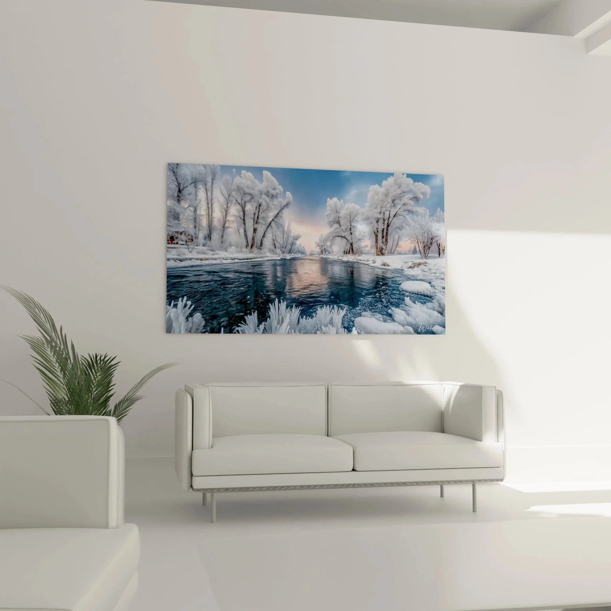 Nahaufnahme der Eiskristalle und Raureif Details am Winterfluss Wandbild