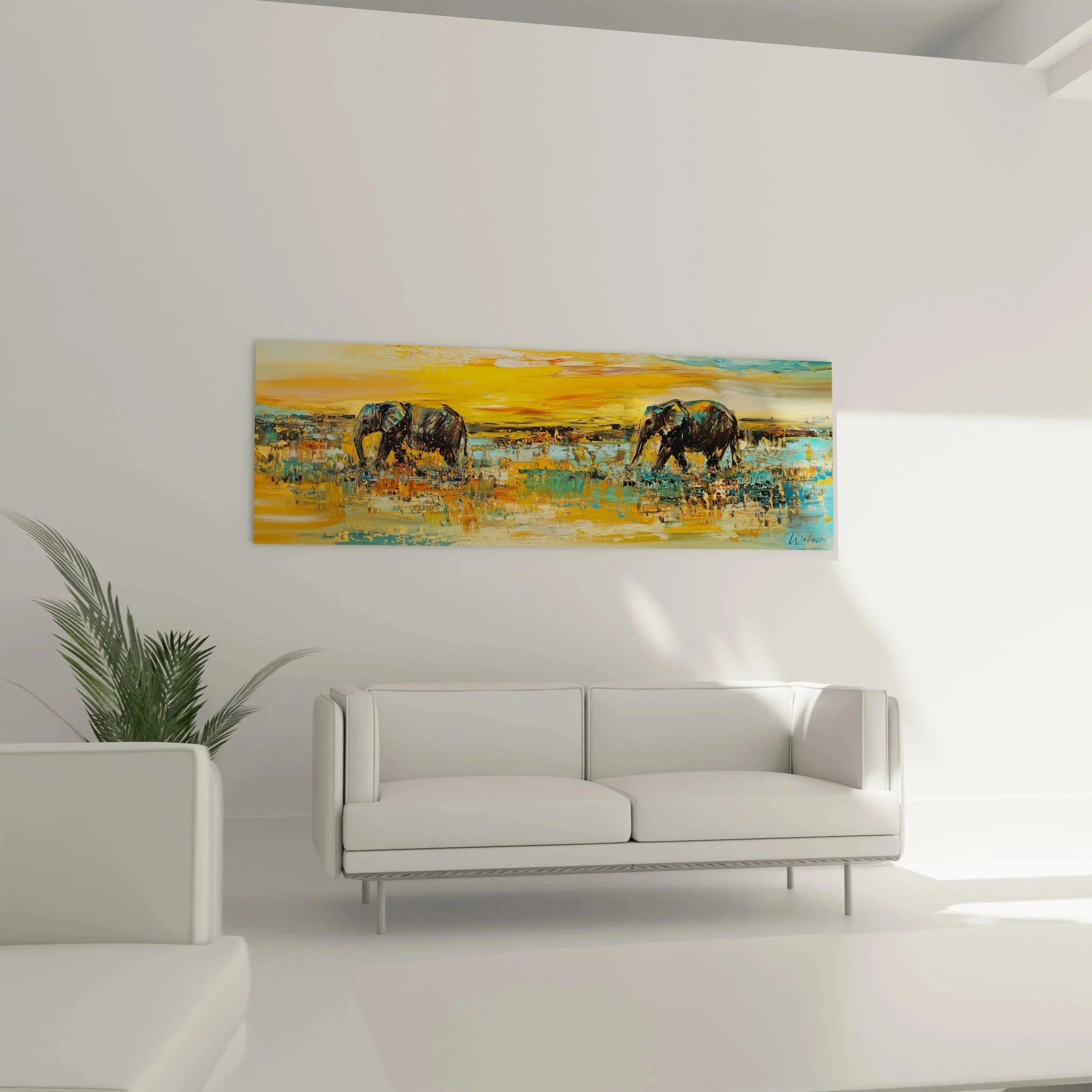 Nahaufnahme Elefanten Kunstdruck Savanne mit expressiver Malweise und warmen Gelb-Orange Tönen