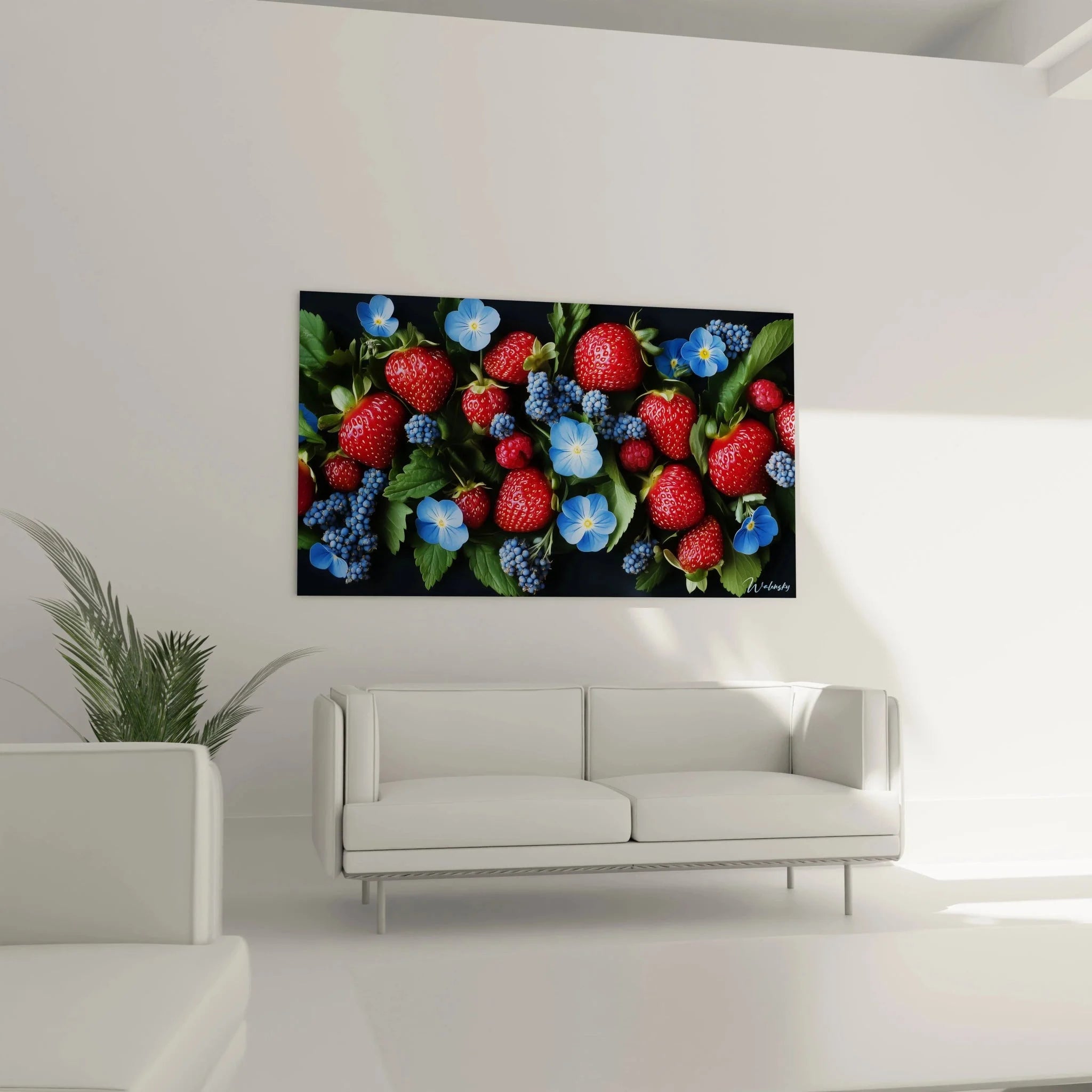 Nahaufnahme Details Erdbeeren Wandbild - realistische Darstellung roter Beeren mit grünen Blättern