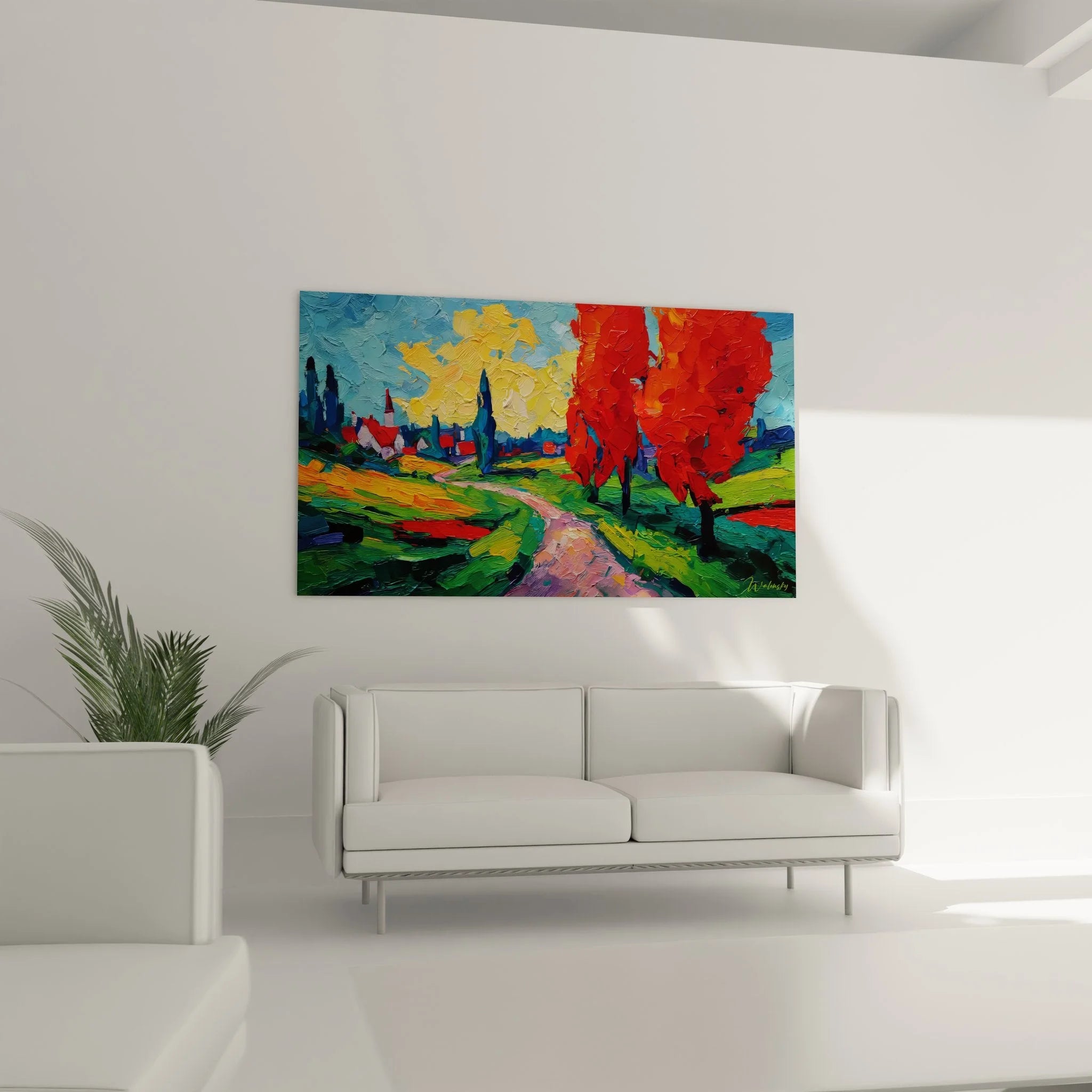 Nahaufnahme der expressionistischen Maltechnik des Herbstlandschaft Wandbildes