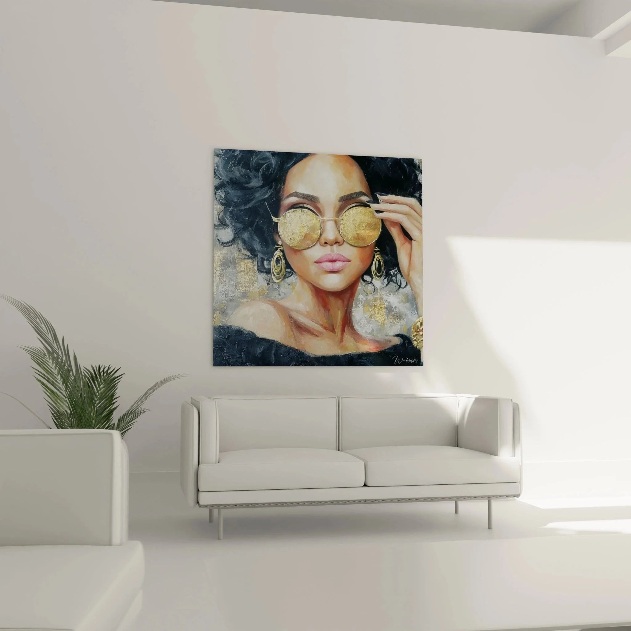 Nahaufnahme Details goldene Sonnenbrille und rosa Lippen der glamourösen Frau Wandbild