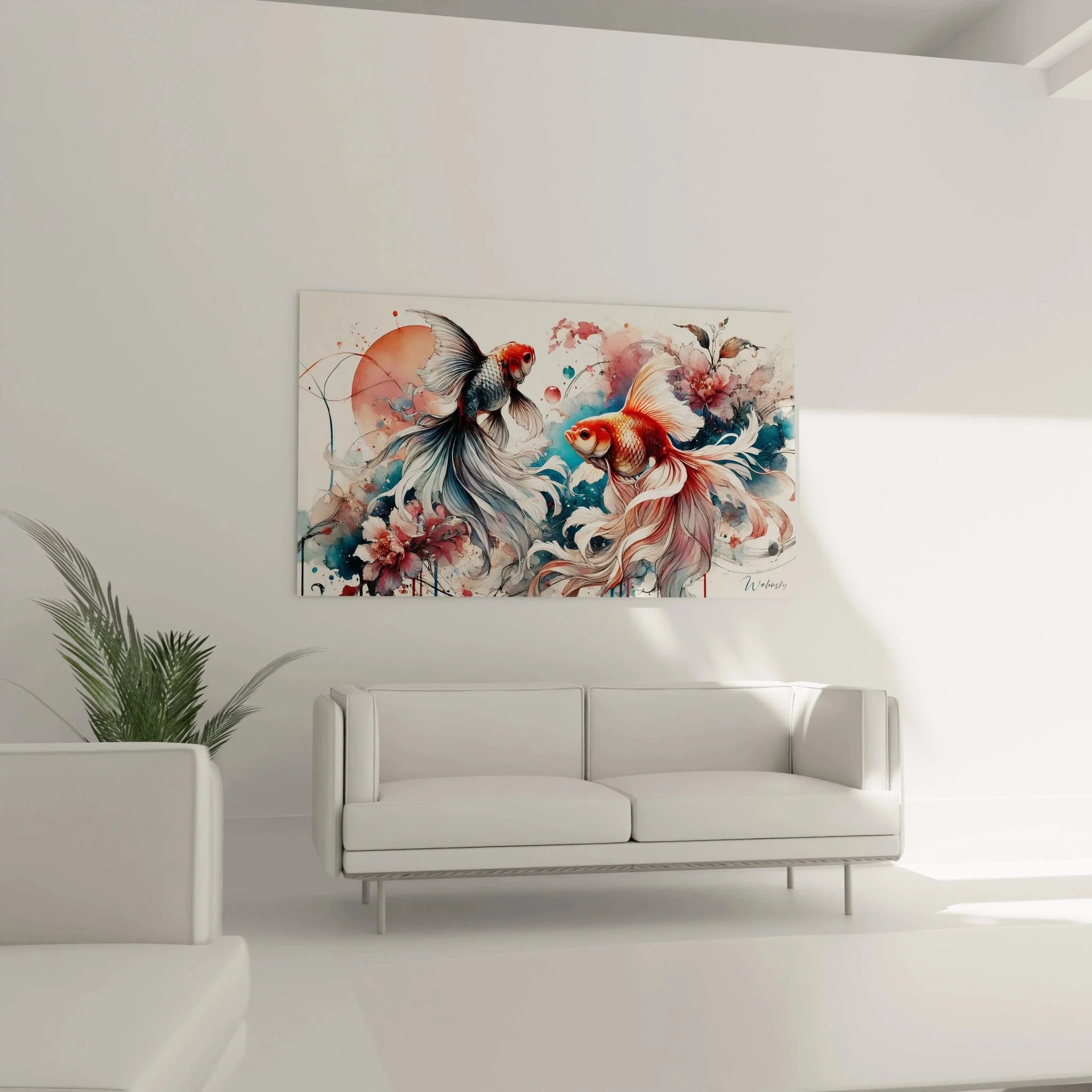 Nahaufnahme Goldfisch Wandbild Aquarell Details Fischschuppen Pinselstriche maritime Kunst