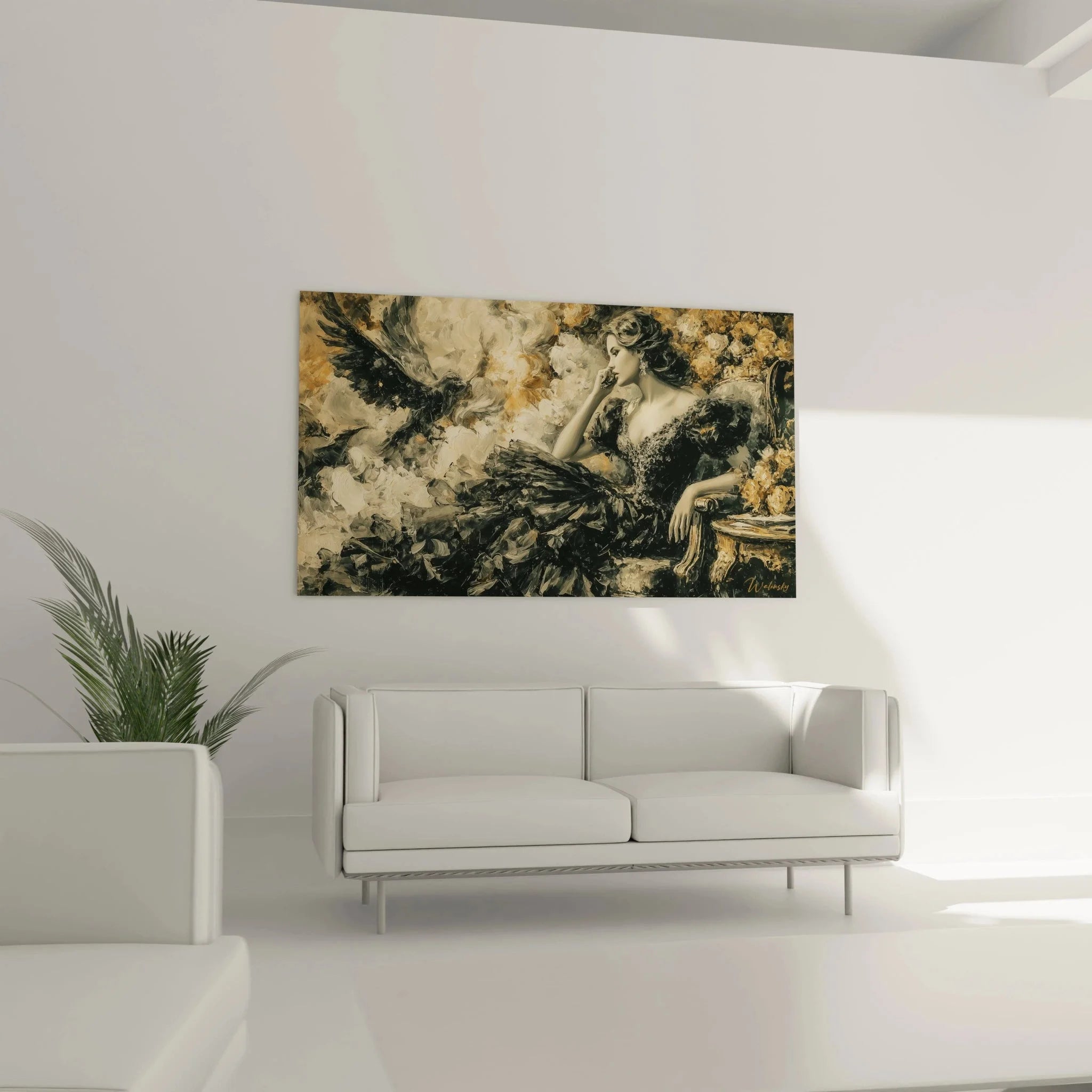 Nahaufnahme gotische Dame Wandbild, detailreiche mystische Wandkunst mit Rabe und Spitzenkleid