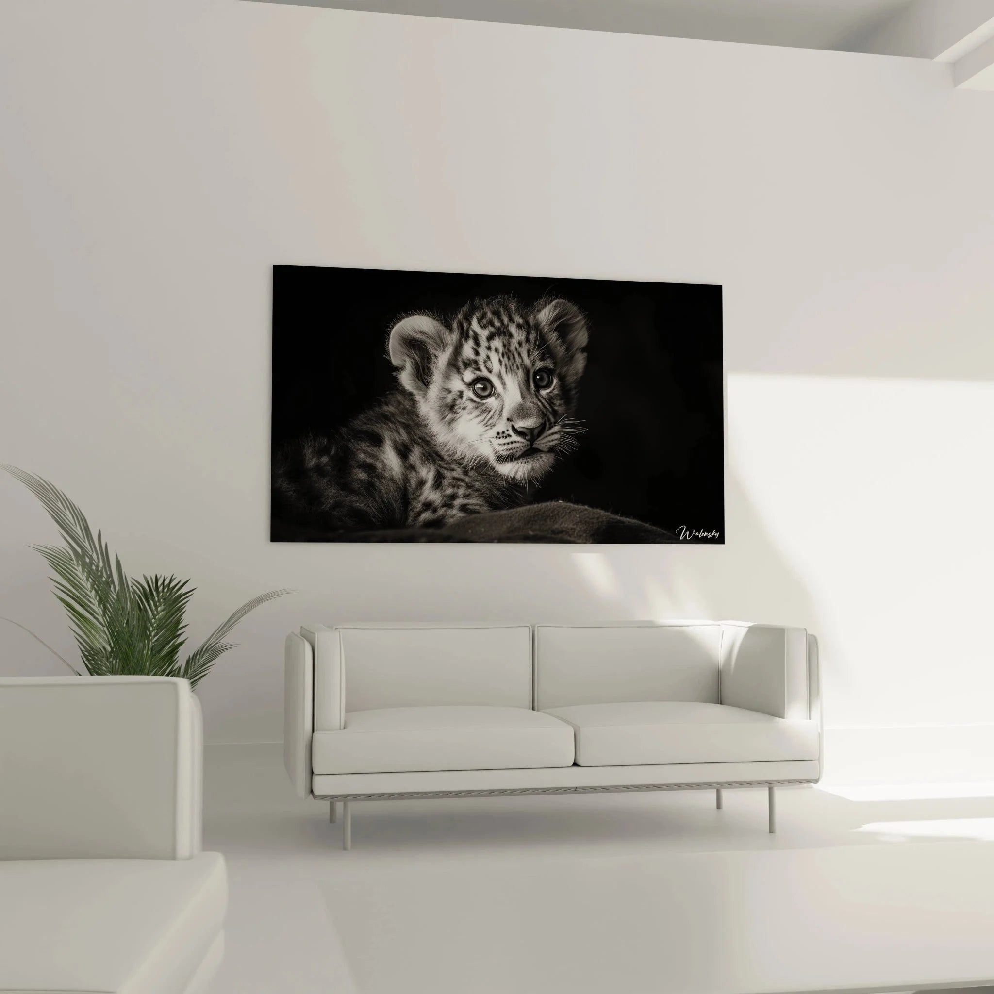 Nahaufnahme Leopardenbaby schwarz-weiß Wandbild, detailreiche Tierfotografie mit Fellstruktur