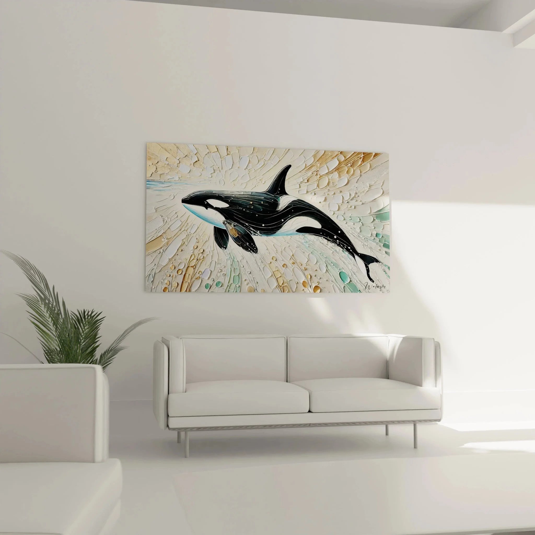 Nahaufnahme Orca Wandbild - detaillierte 3D Textur und Wassertropfen Effekte