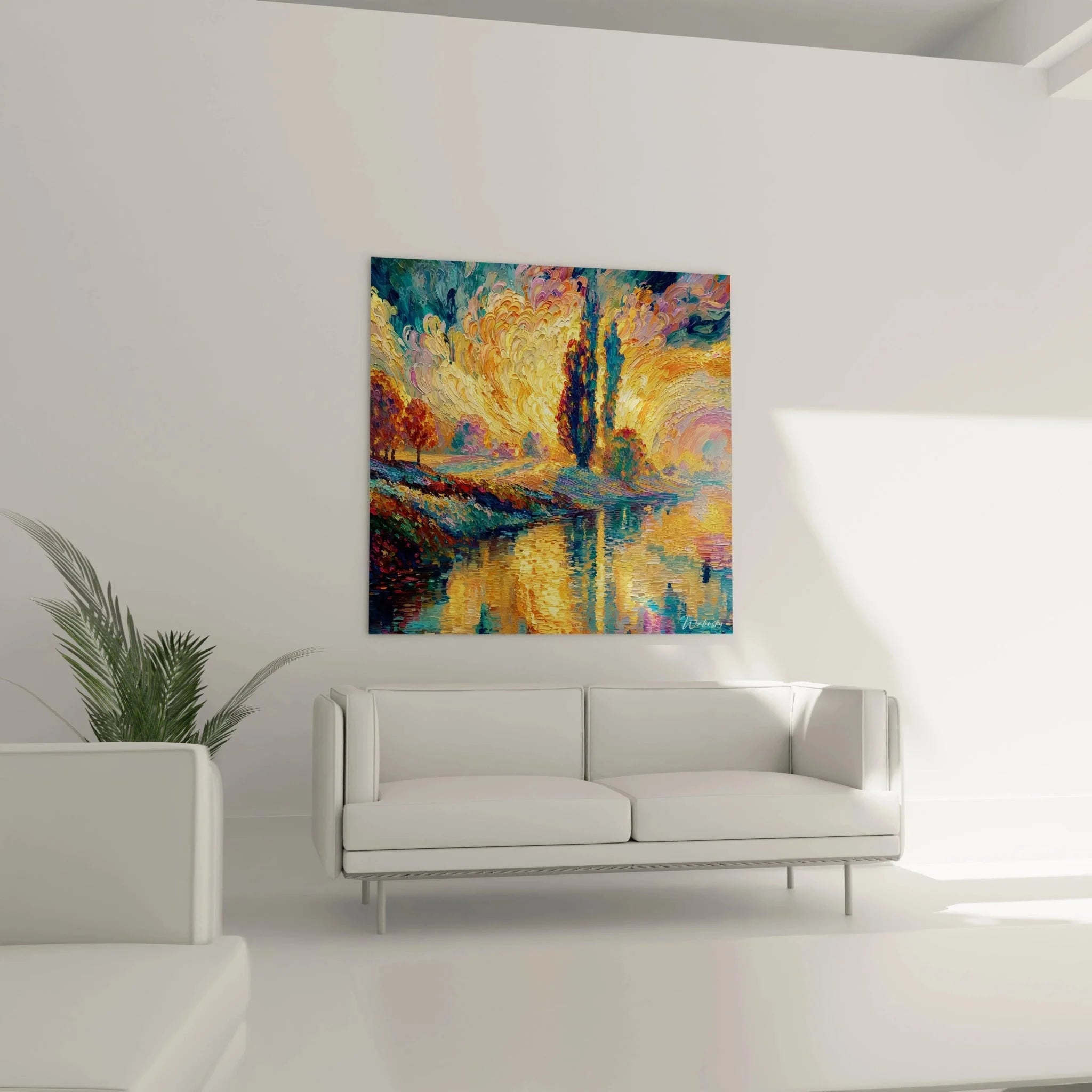 Nahaufnahme Pointillismus Maltechnik Wasserlandschaft Farbpunkte goldene Reflexionen Wandkunst Detail