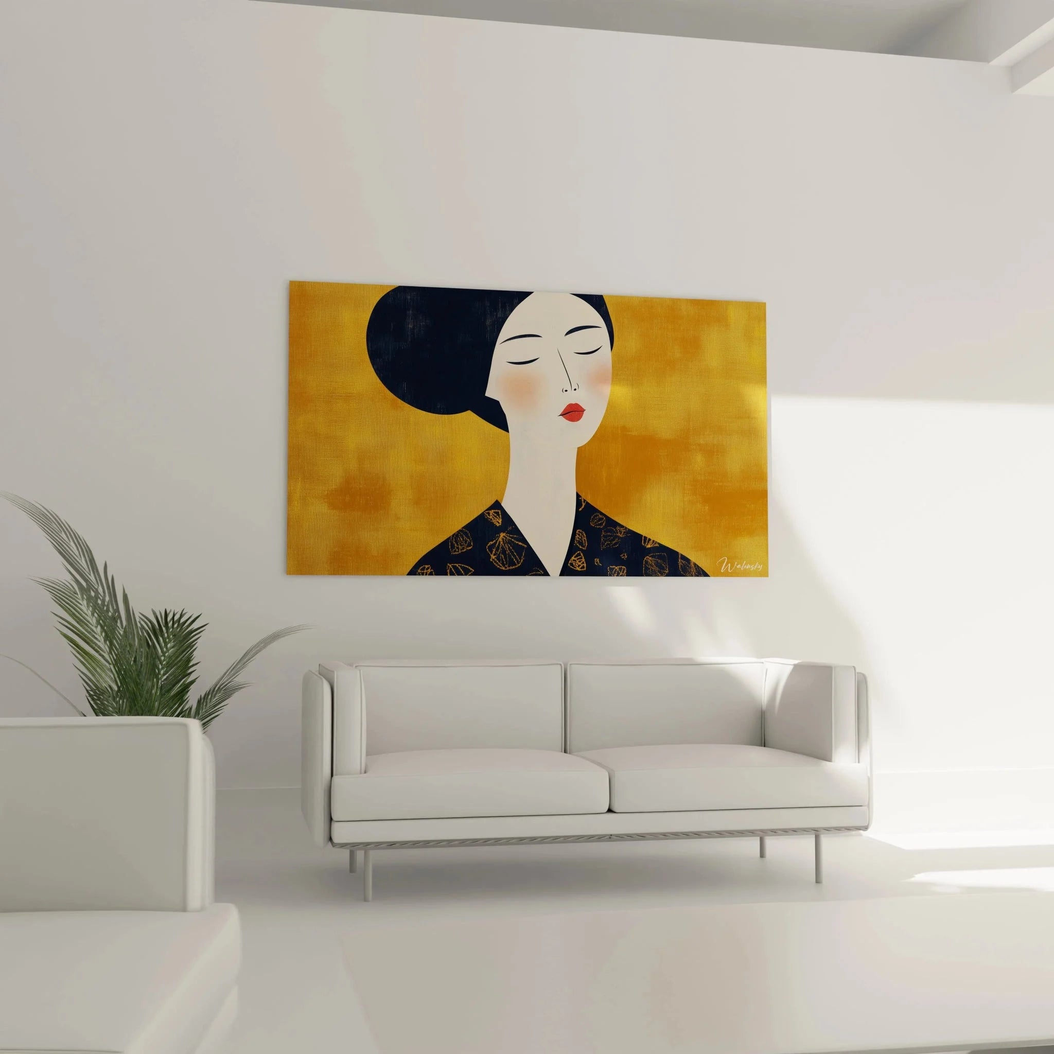 Nahaufnahme Wandbild Portrait Frau geschlossene Augen rote Lippen Art Deco Muster Modigliani Stil