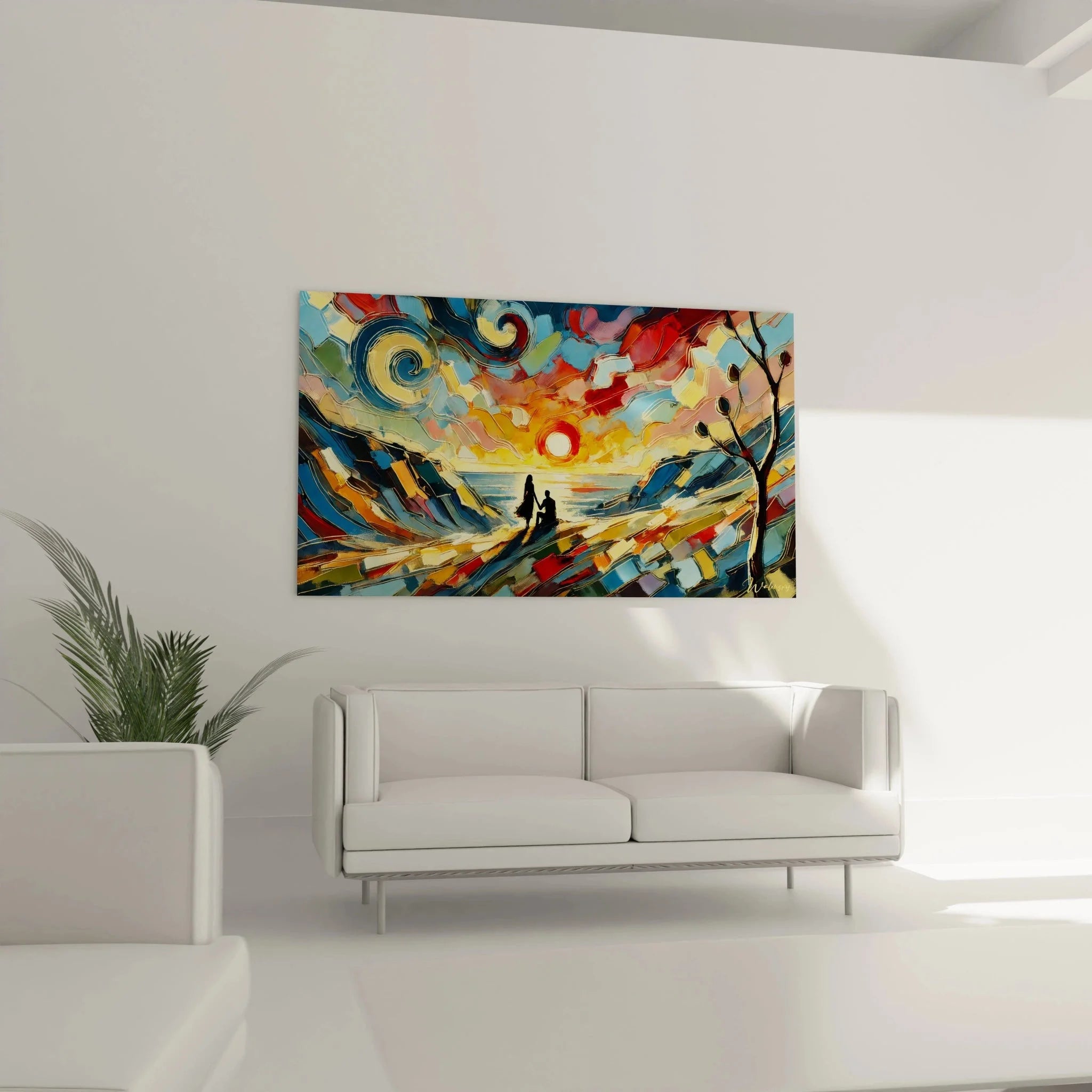 Nahaufnahme expressiver Pinselstriche und warme Farben des romantischen Sonnenuntergang Wandbildes