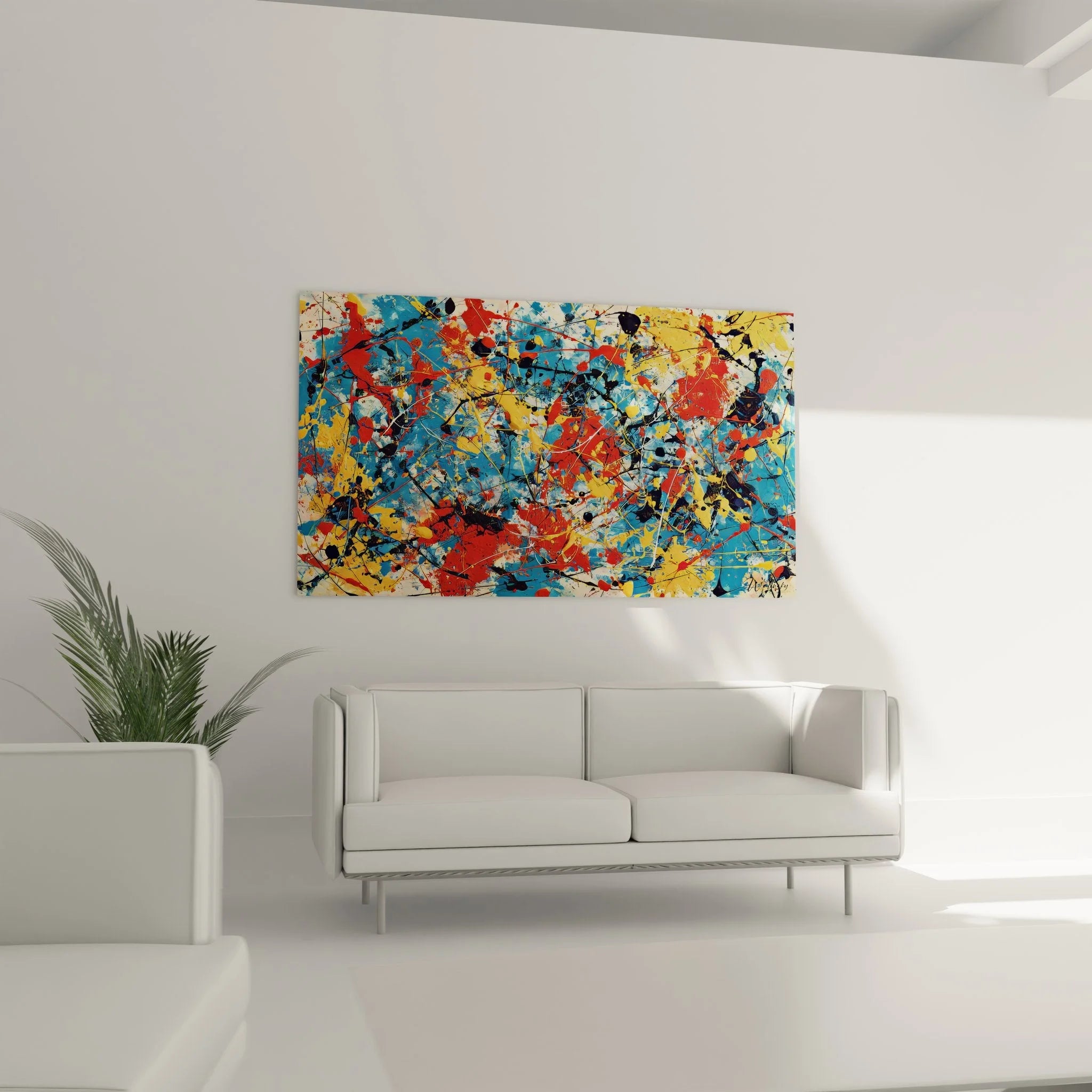 Nahaufnahme Wandbild abstrakte Kunst mit expressiven Pinselstrichen und Farbspritzern Details