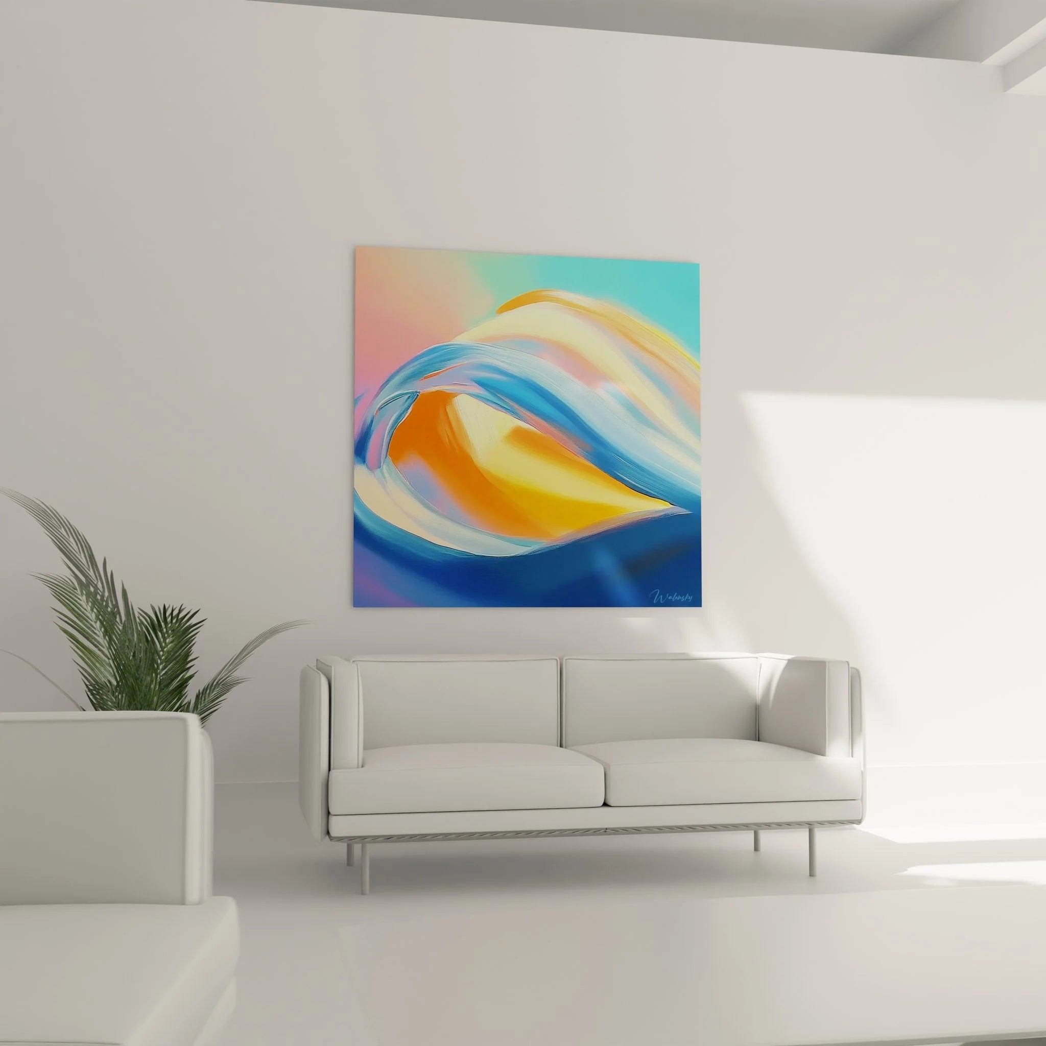 Nahaufnahme Wandbild abstrakte Welle - Detailansicht Farbübergänge Blau Orange Malerei-Optik