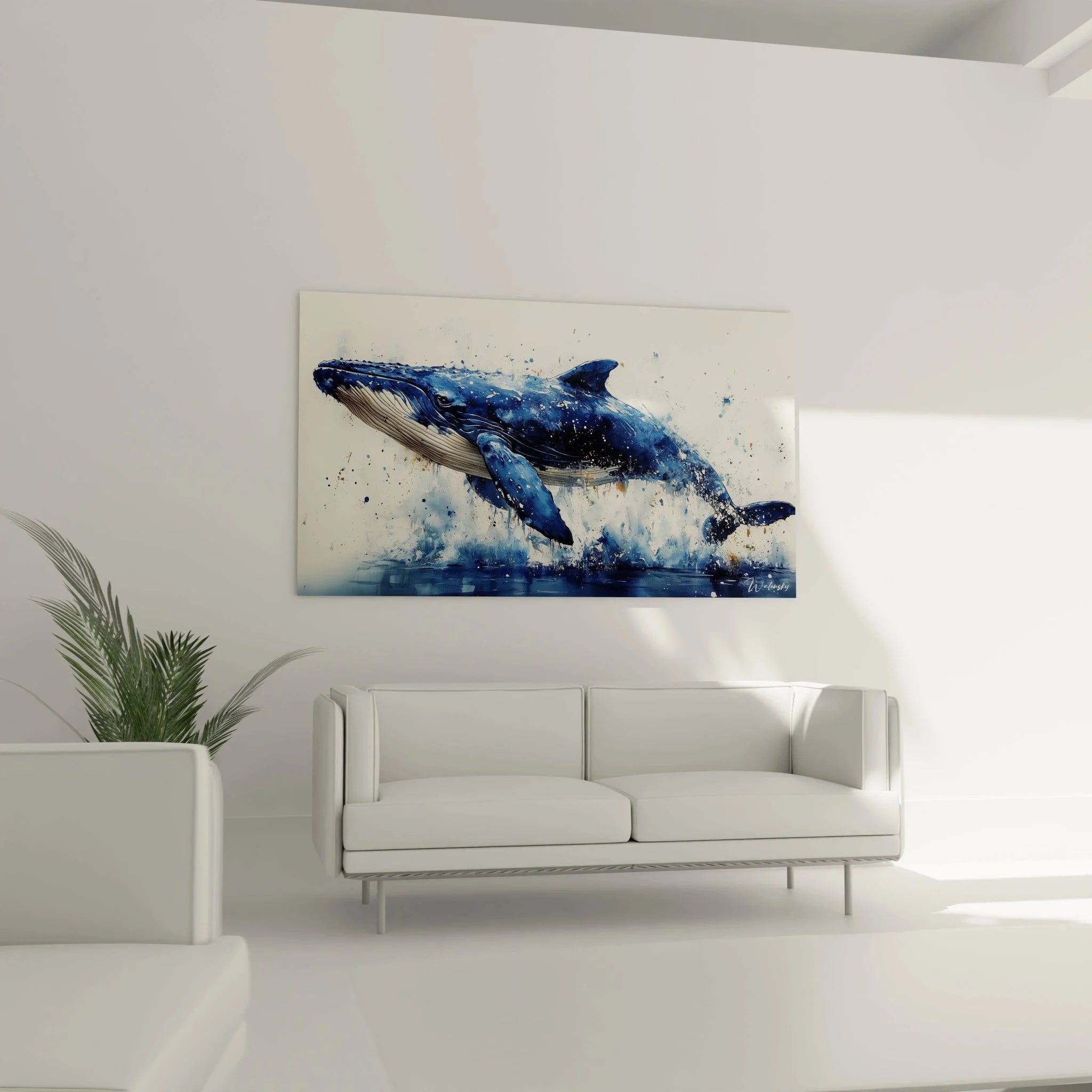 Nahaufnahme Wandbild Blauwal Aquarell zeigt Details der Walstruktur und Wassertropfen