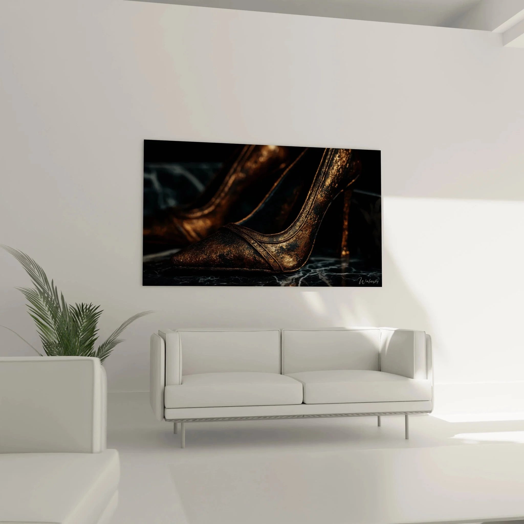 Nahaufnahme Wandbild Luxus Damenschuh Details - Goldene Oberflächenstruktur Mode Accessoires Kunst