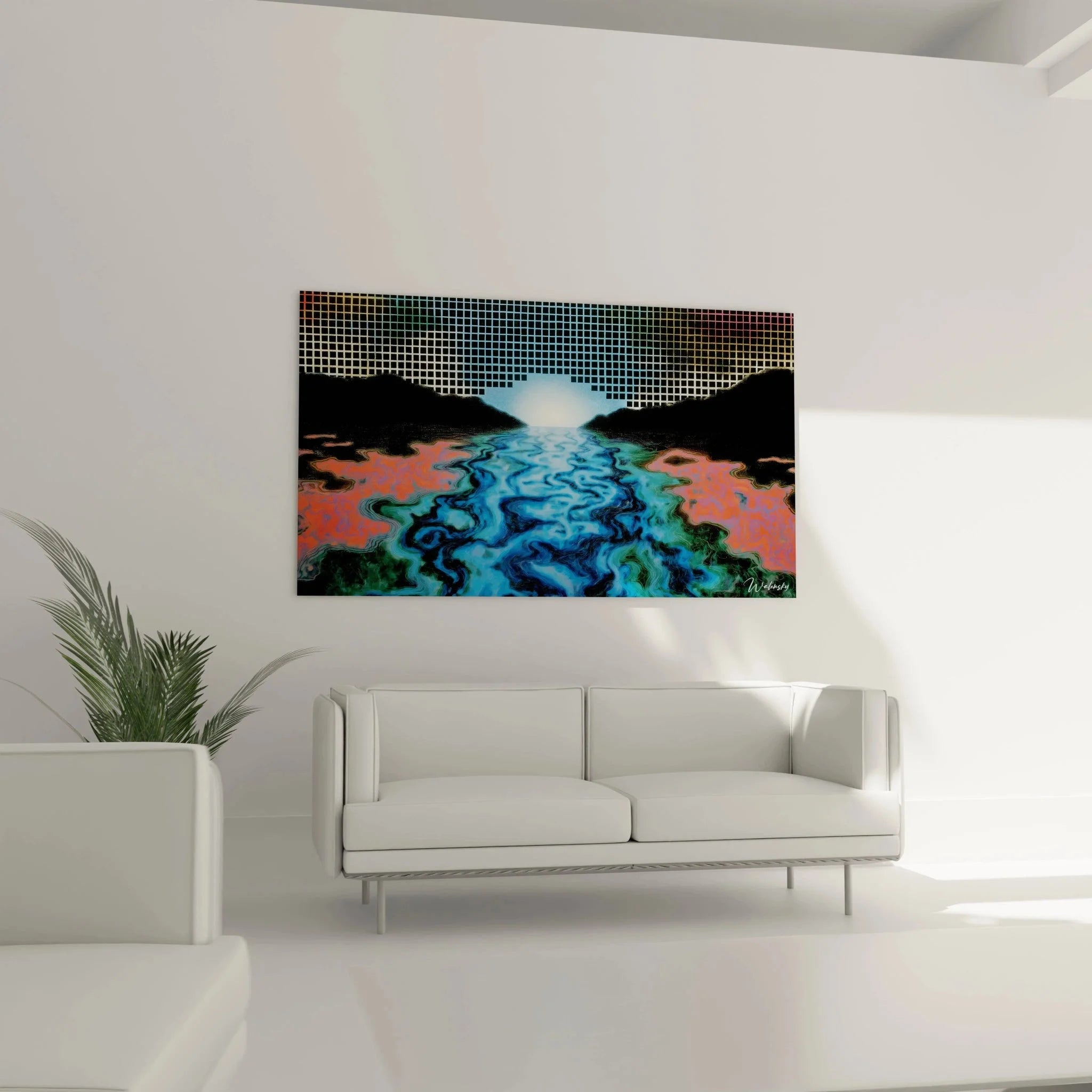 Nahaufnahme Wandbild digitale Kunst mit Pixelraster und fließenden Farbübergängen Op Art