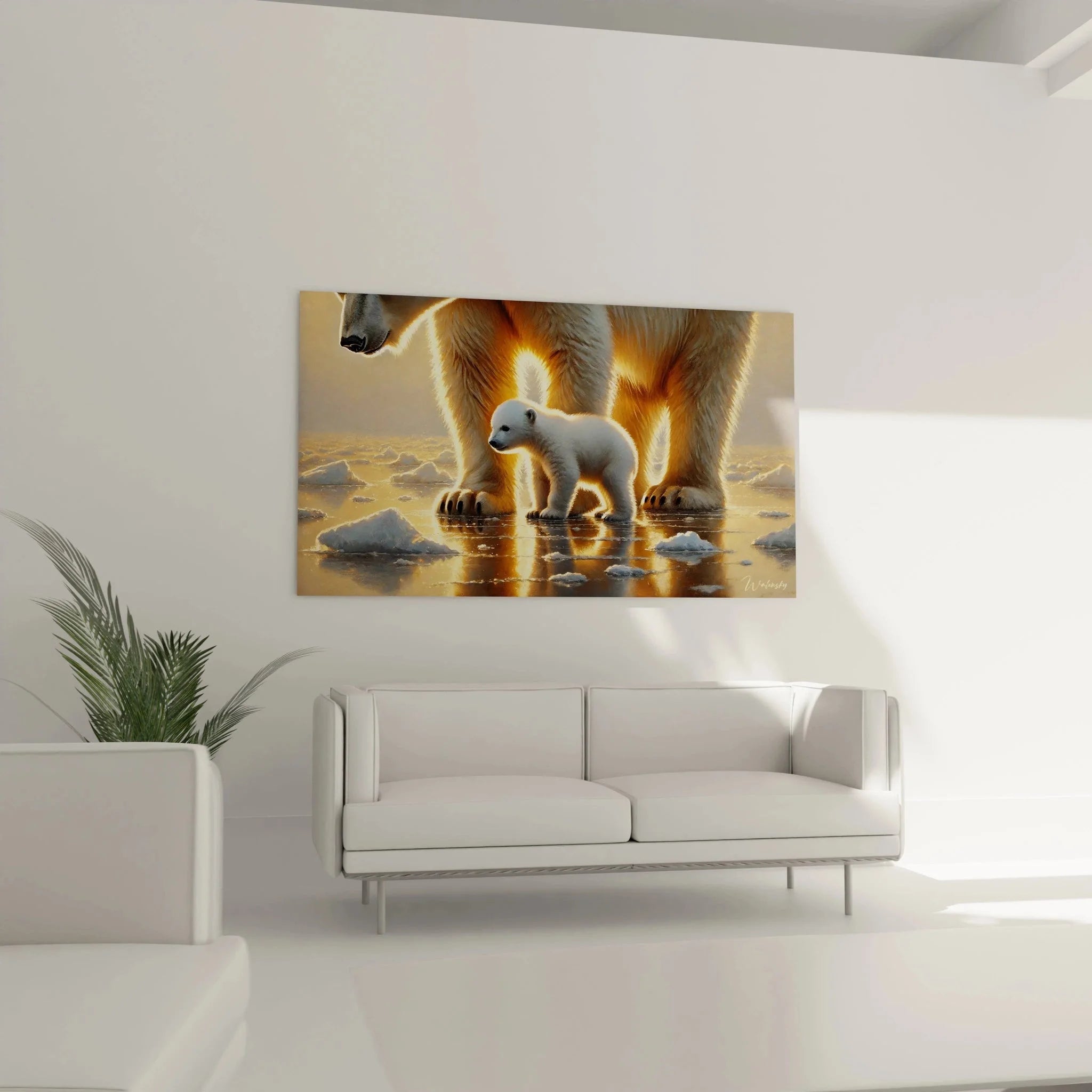 Nahaufnahme Wandbild Eisbär Mutter mit Baby, detaillierte Pelzstruktur im warmen Sonnenlicht