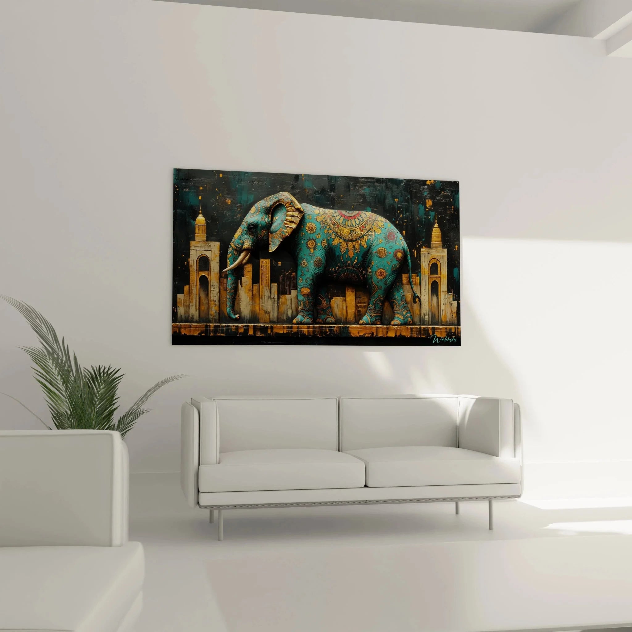 Nahaufnahme Wandbild Elefant Details türkise Ornamente goldene Muster traditionelle Kunst