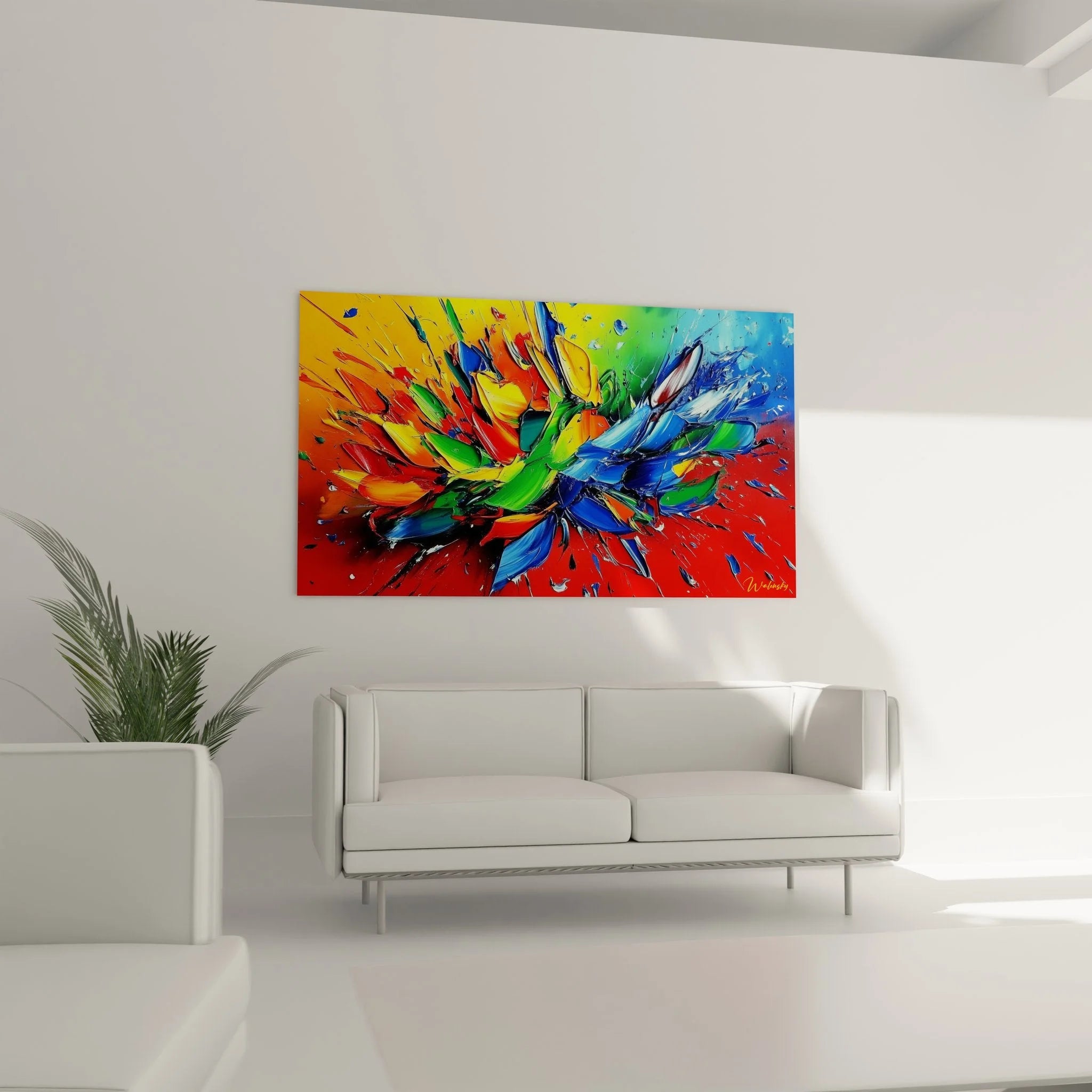 Nahaufnahme Wandbild Farbexplosion mit sichtbarer Textur und lebendigen Pinselstrichen - Malerei-Optik