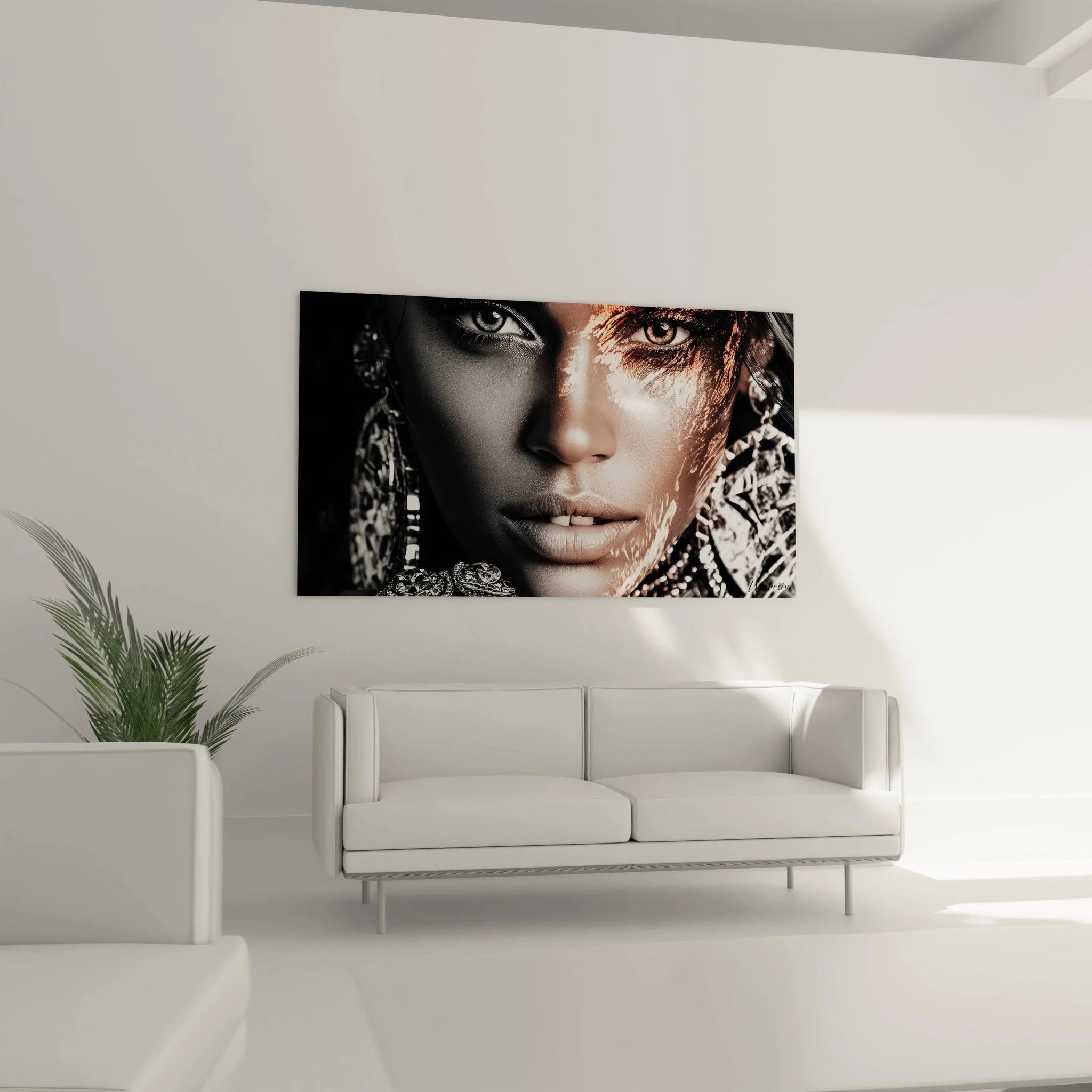 Nahaufnahme Wandbild glamouröse Frau mit funkelnden Diamanten und Schmuckelementen