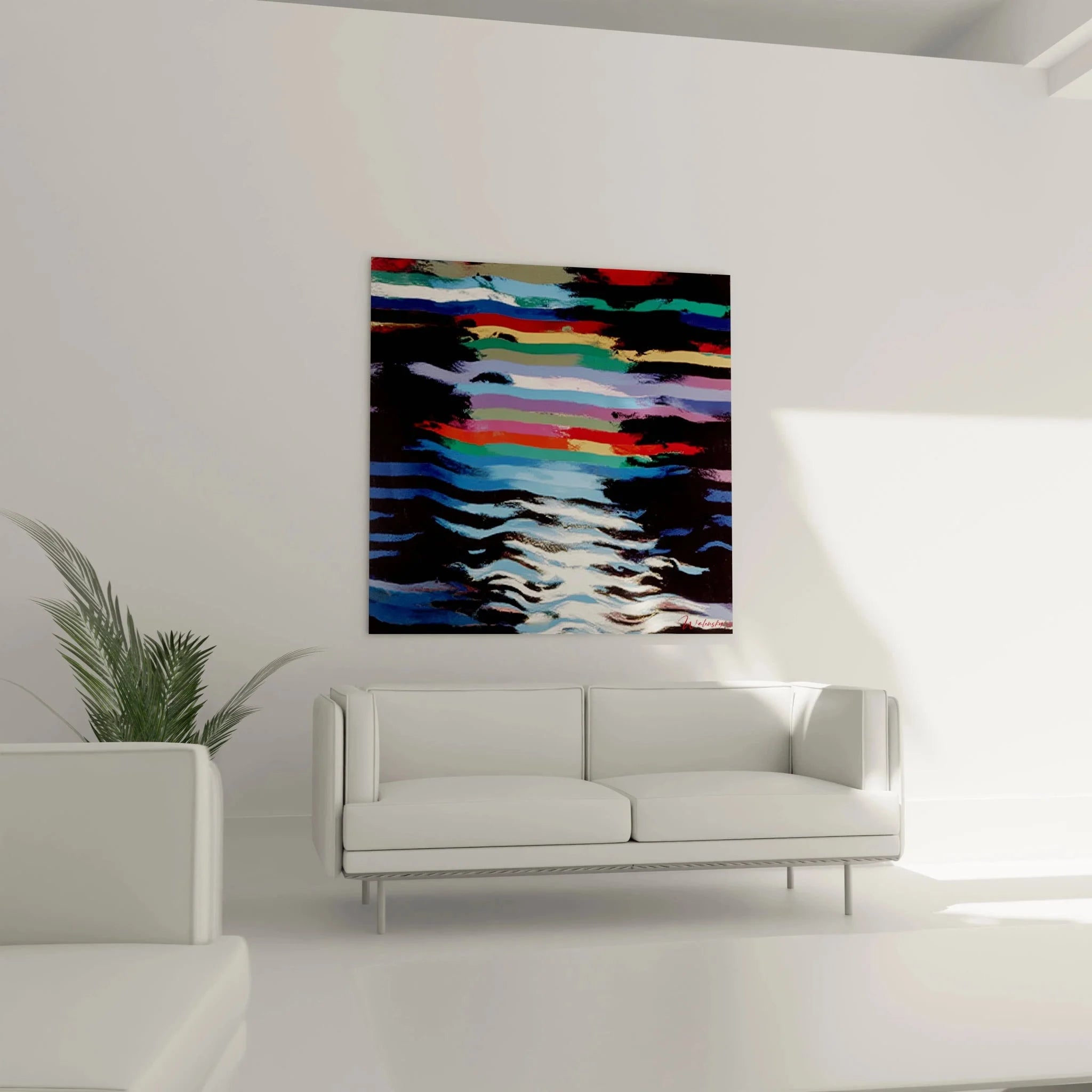 Nahaufnahme Wandbild Glitch Art Effekte abstrakte Wasserlandschaft Op Art digitale Störungen Detail