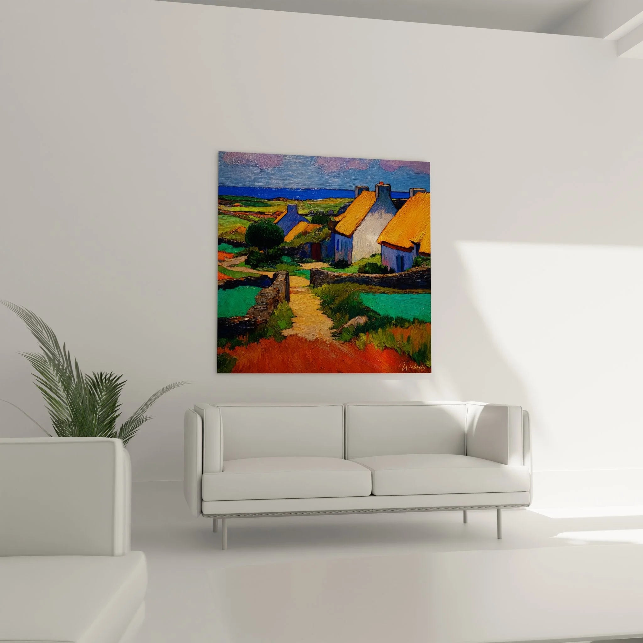 Nahaufnahme Wandbild Details irische Cottages, Strohdächer und grüne Felder in kräftigen Farben