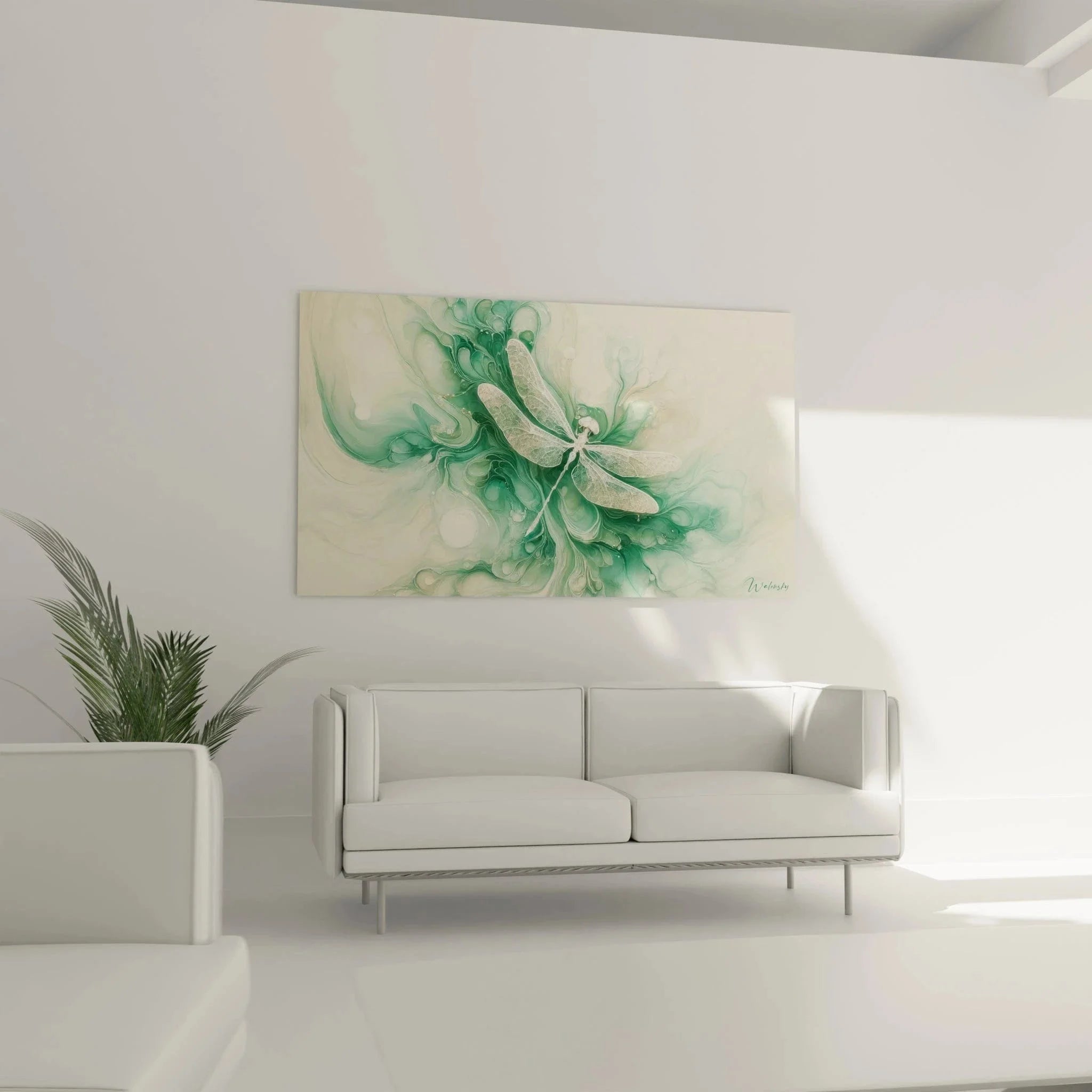 Nahaufnahme Wandbild Libelle - detaillierte Strukturen und grüne Farbverläufe in hochwertiger Acryl-Optik Qualität