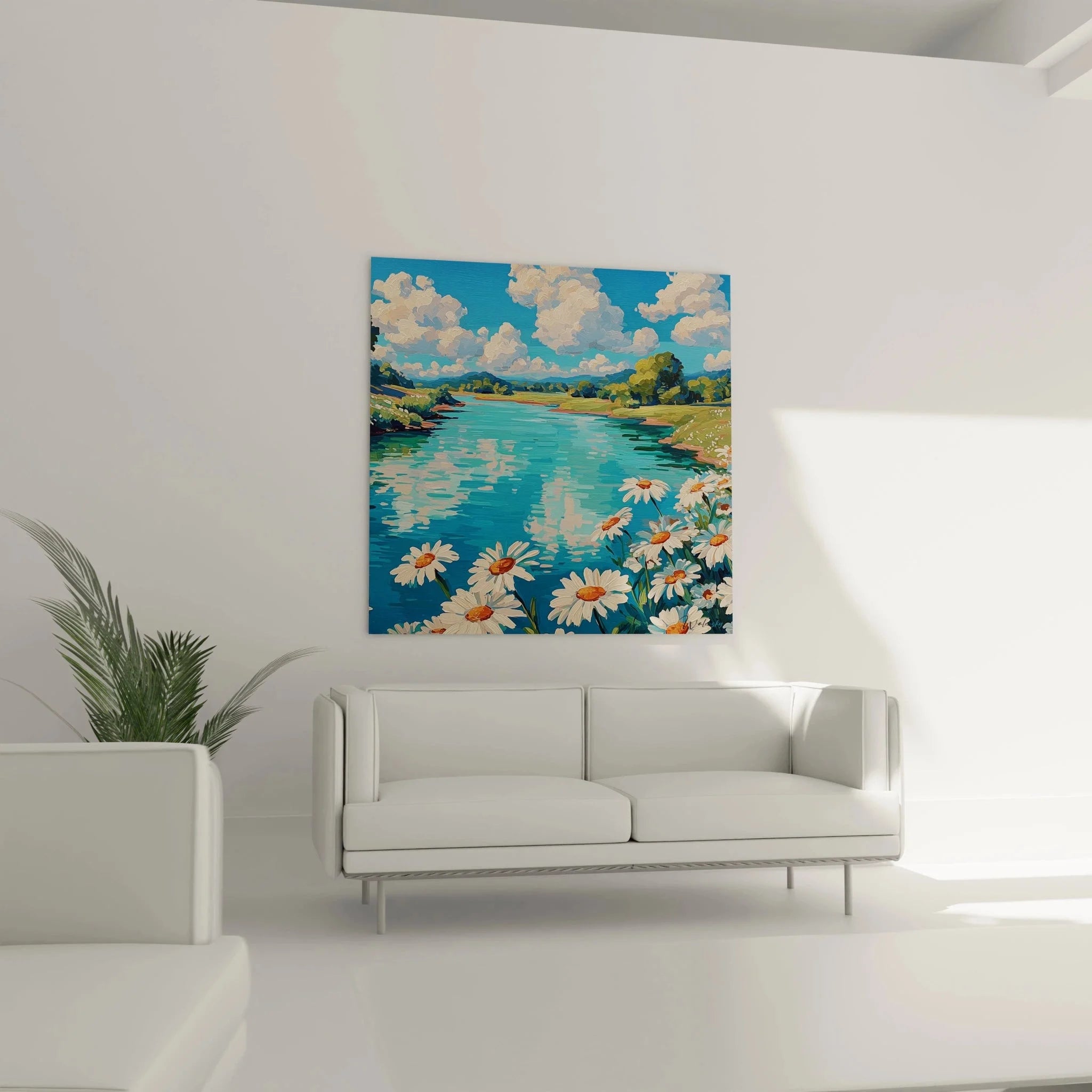 Nahaufnahme Wandbild Details: weiße Margeritenbüten mit gelben Zentren am türkisblauen Fluss