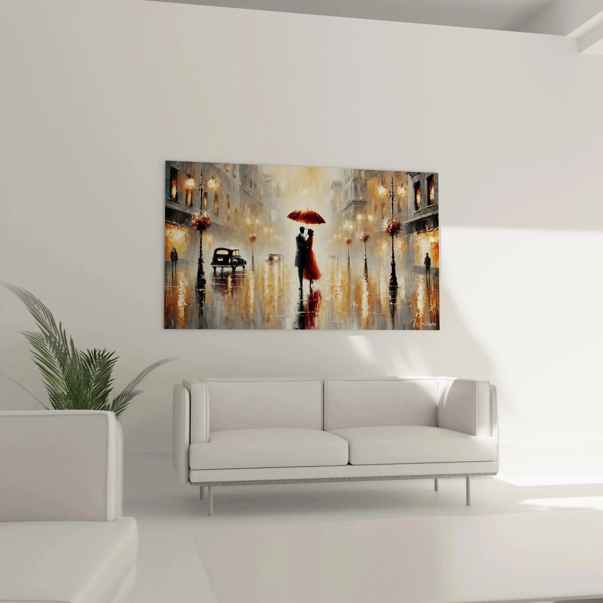 Nahaufnahme romantisches Wandbild Paar unter rotem Regenschirm Straßenszene