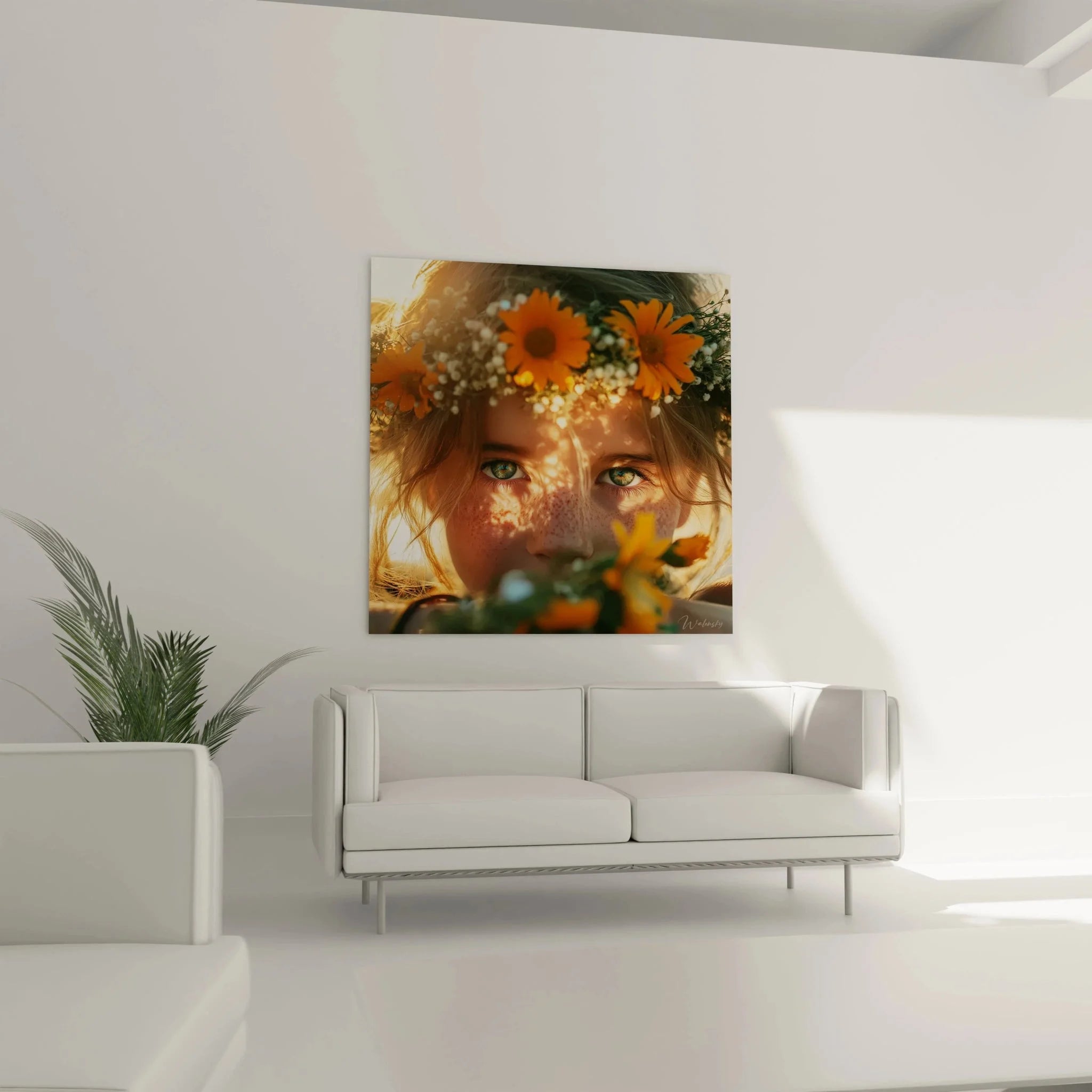 Nahaufnahme Detail Wandbild Sommerportrait blaue Augen und Gänseblümchen Blütenschmuck