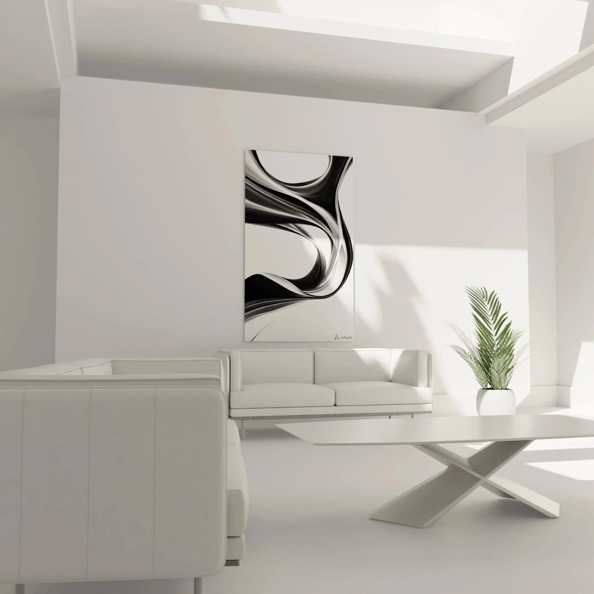 Nahaufnahme Wandbild mit detaillierten schwarz-weißen Strömungslinien und dynamischen Kurven