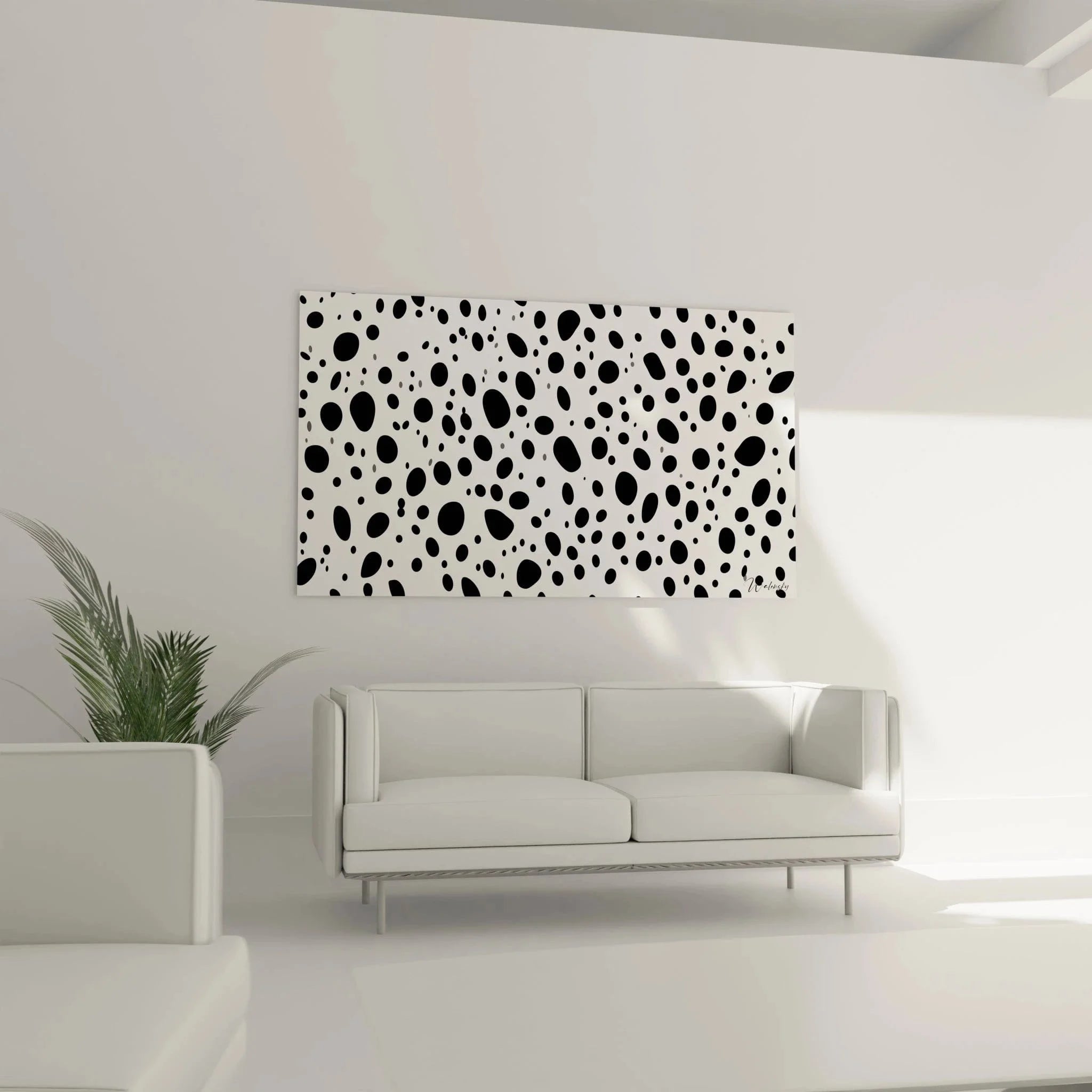 Nahaufnahme Wandbild schwarze Punkte verschiedene Größen auf weißem Hintergrund Detail-Ansicht