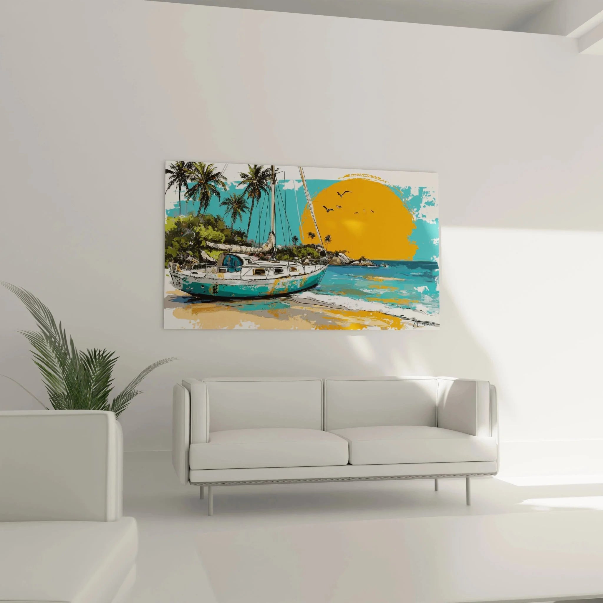 Nahaufnahme Wandbild Segelboot Detail mit Palmen und tropischem Sonnenuntergang