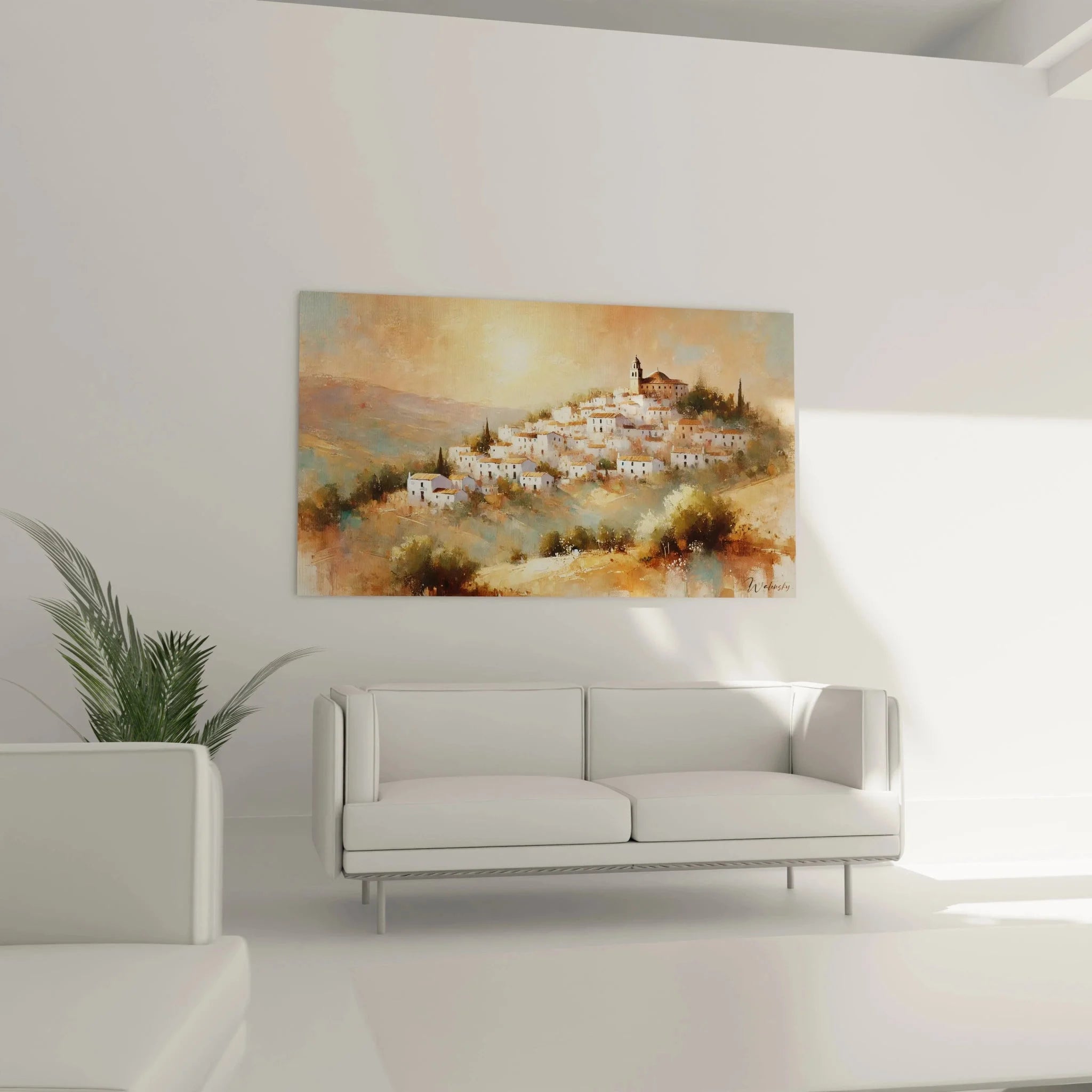 Nahaufnahme Wandbild spanische Berglandschaft mit traditioneller mediterraner Architektur