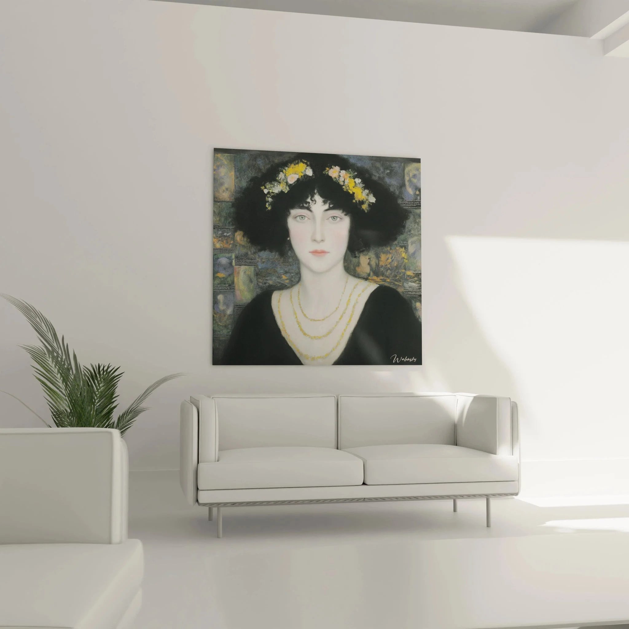 Nahaufnahme Wandbild Dame Blumenkranz Details symbolistische Porträtkunst Farbgebung