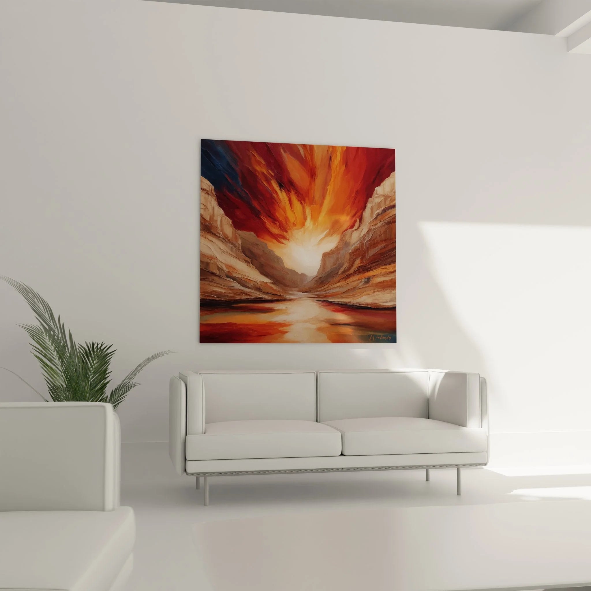 Nahaufnahme Wandbild Wüste mit detaillierten Pinselstrichen und leuchtenden Gesteinsstrukturen in Orangetönen
